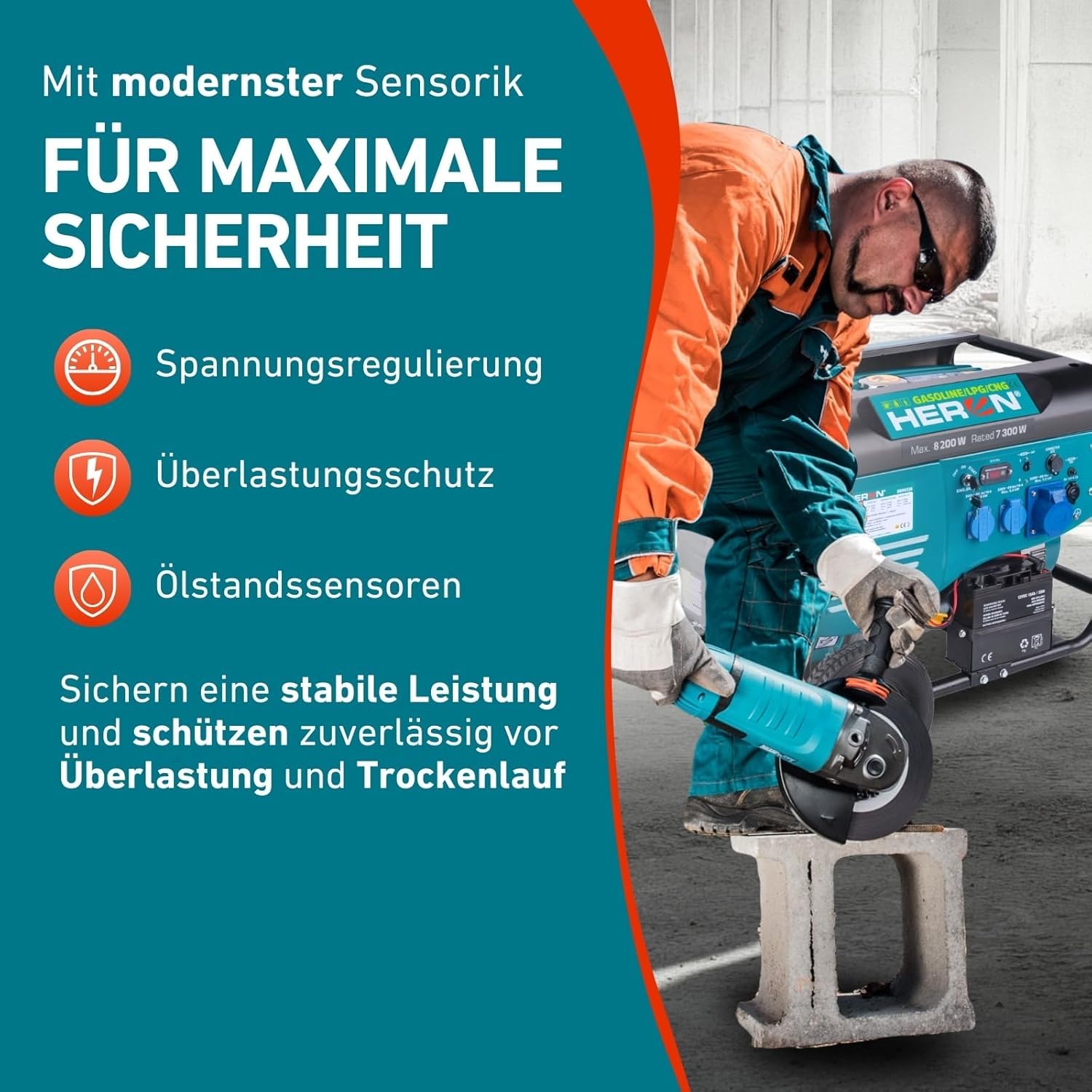 Heron Hybrid Benzin- & Gasgenerator (LPG/NG) und Notstromaggregat, 8,2 kW, mit 25L Tank, Elektrostarter, zwei 16A 230V & einer 32A 230V-Steckdose, mit AVR & ATS-Umschaltbox
