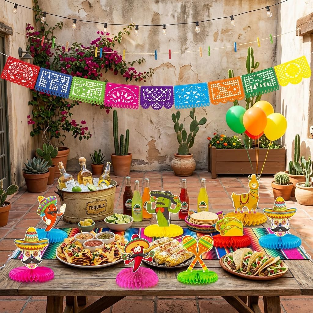 Mexican Fiesta Party Decoration - 9-Panel Plastic Papel Picado Banner and 12 Table Centerpieces for Cinco de Mayo Taco Party Birthday Day of the Dead Decor Supplies image 2