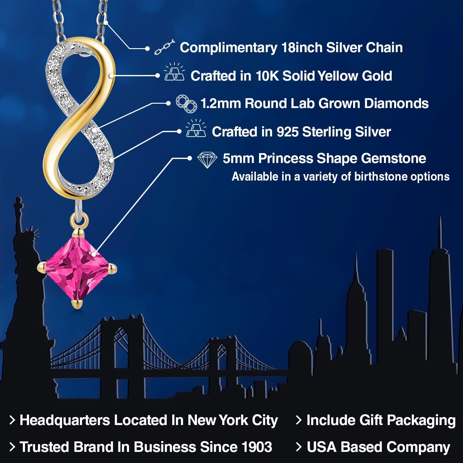 Gem Stone King 925 Silver and 10K Yellow Gold Pink Mystic Topaz and Lab Grown Diamond Pendant Necklace for Women | 1.68 Cttw | Gemstone November Birthstone | Princess 5MM | With 18 Inch Chain - Image 2