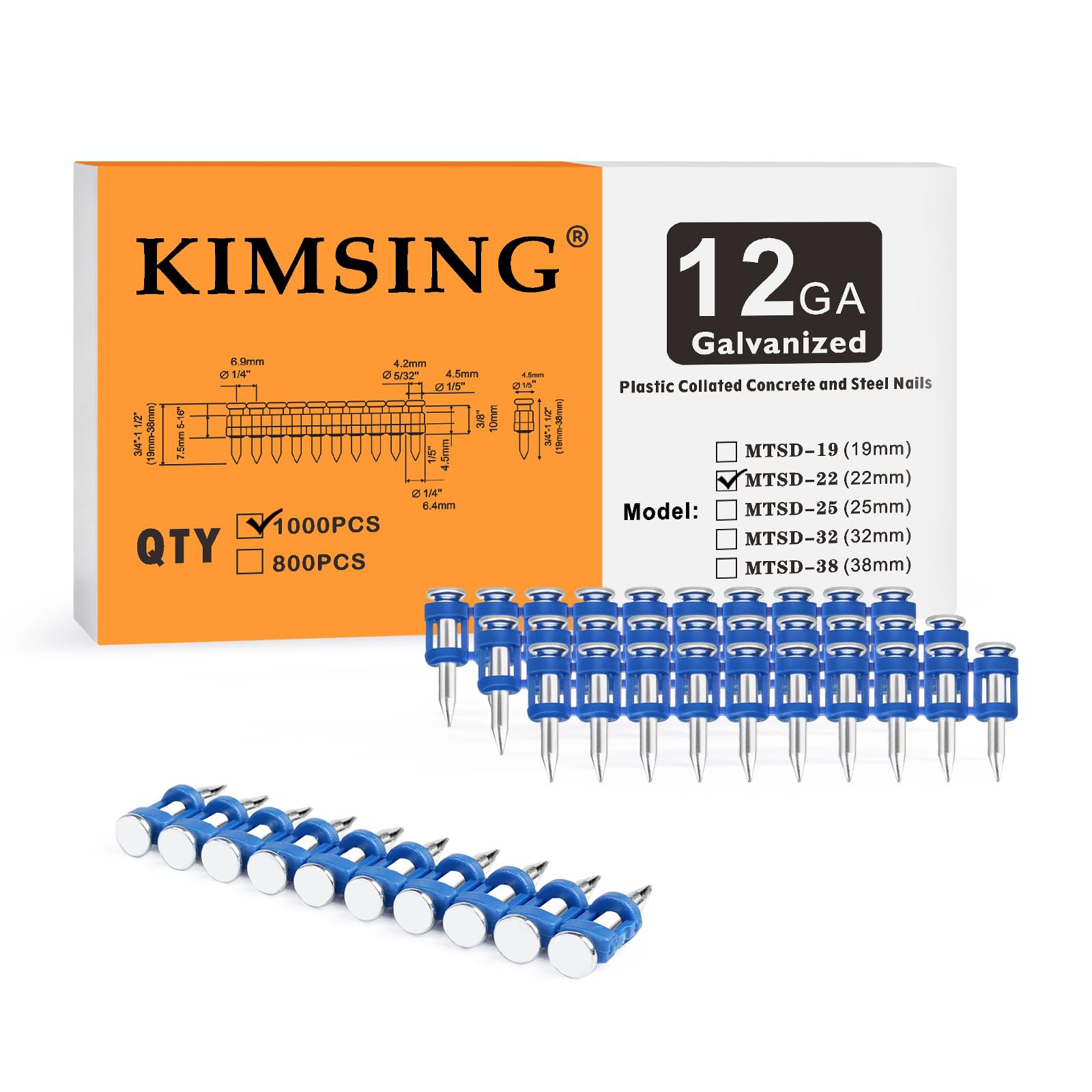 KIMSING MTSD-22 12 Gauge 7/8" x .109" Tige lisse Plastique Collision Béton et Acier Drive Pin Mécanique Galvanisé pour Gaz Power Béton et Acier Cloueuse 1000 PCS/Boîte (1, Boîte)