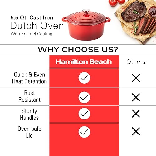 Miniatura 4 de Hamilton Beach Horno holandés de hierro fundido esmaltado de 5.5 cuartos de galón, color rojo, crema esmaltado horno holandés con tapa, horno