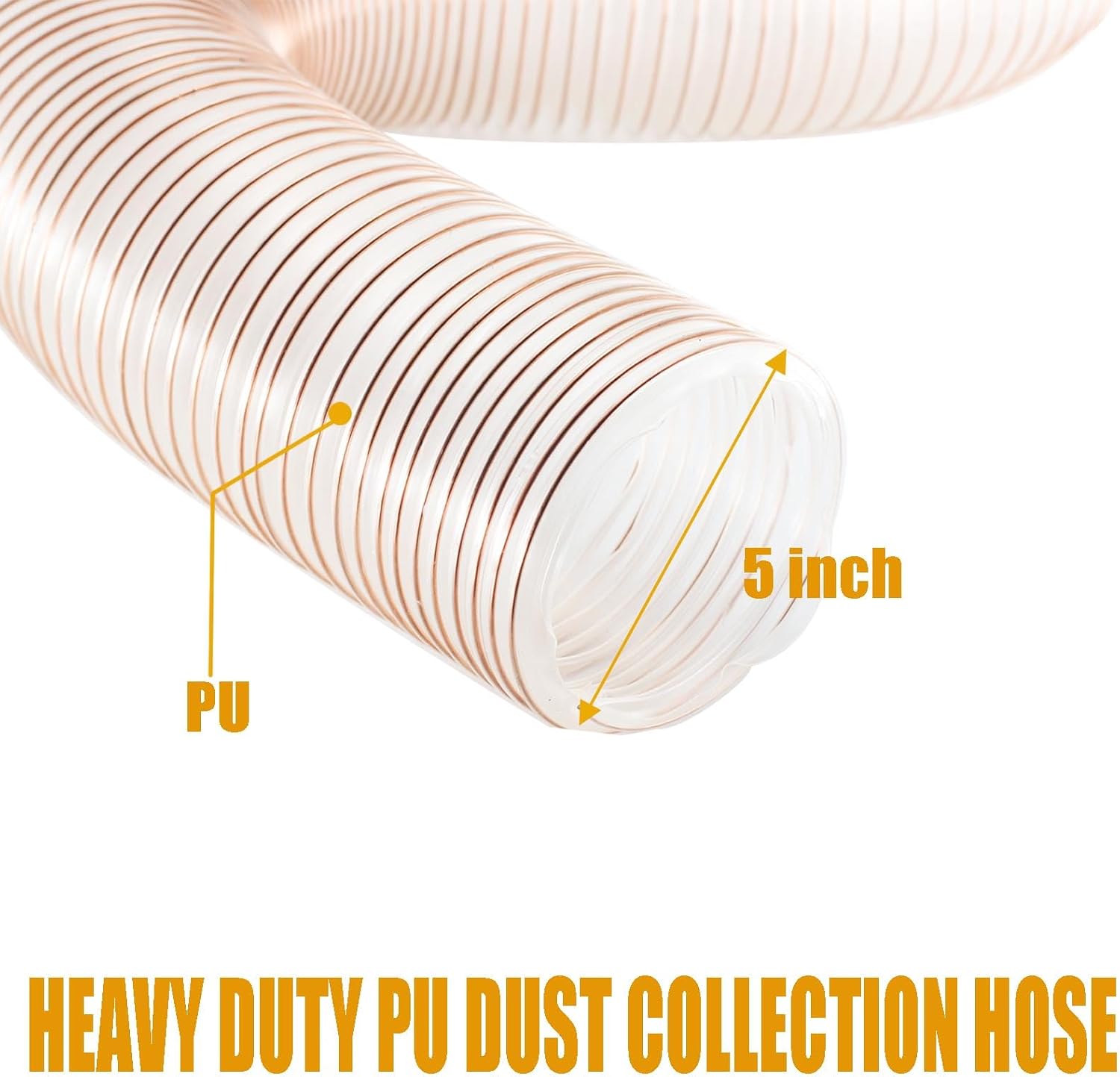 JUYO VONSAN 5 inch Dust Collection Hose PU 15 ft Collector Hose | Flexible, For Vacuum, Woodworking Dust Collection System, Lawn Vac Hose