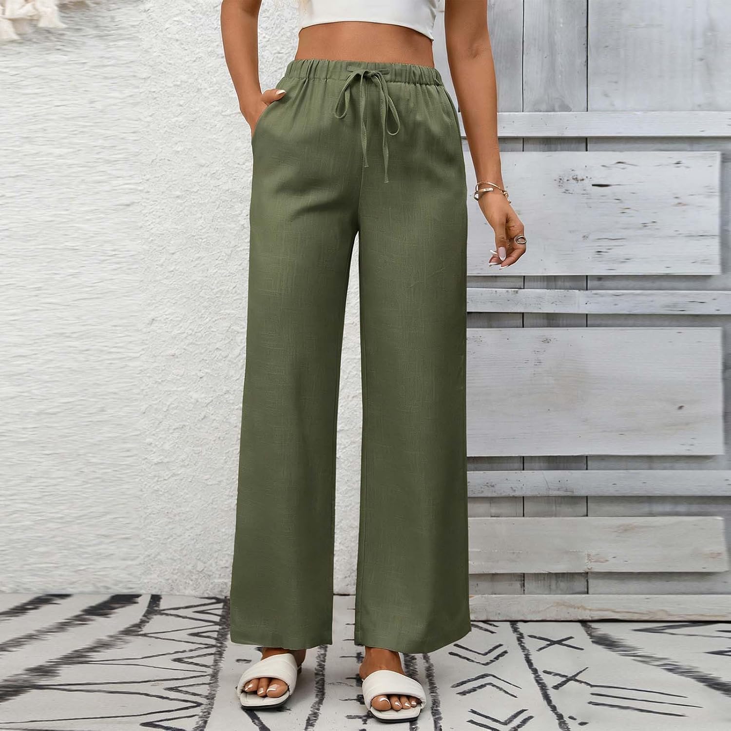 Womens Linen Pants Cotton Loose Palazzo Pants Drawstring Waist Wide Leg Beach Lounge Trousers with Pockets