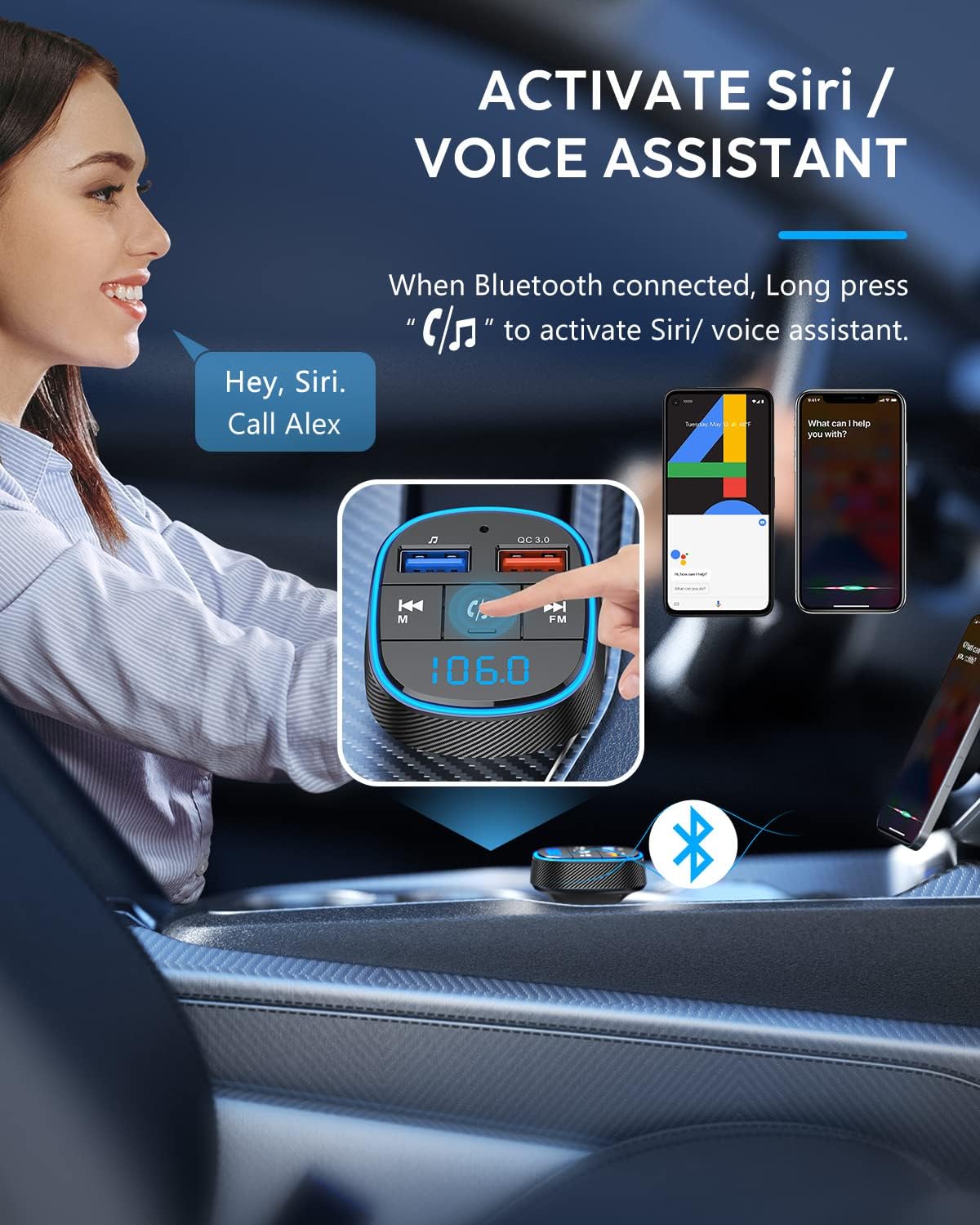 【Upgraded Version】Clydek FM Bluetooth Transmitter Car, Bluetooth Car Adapter with Dual USB Charge Port, Radio Audio MP3 Player Car Charger Support Hands-free Calling, USB Drive, SD Card (Black)