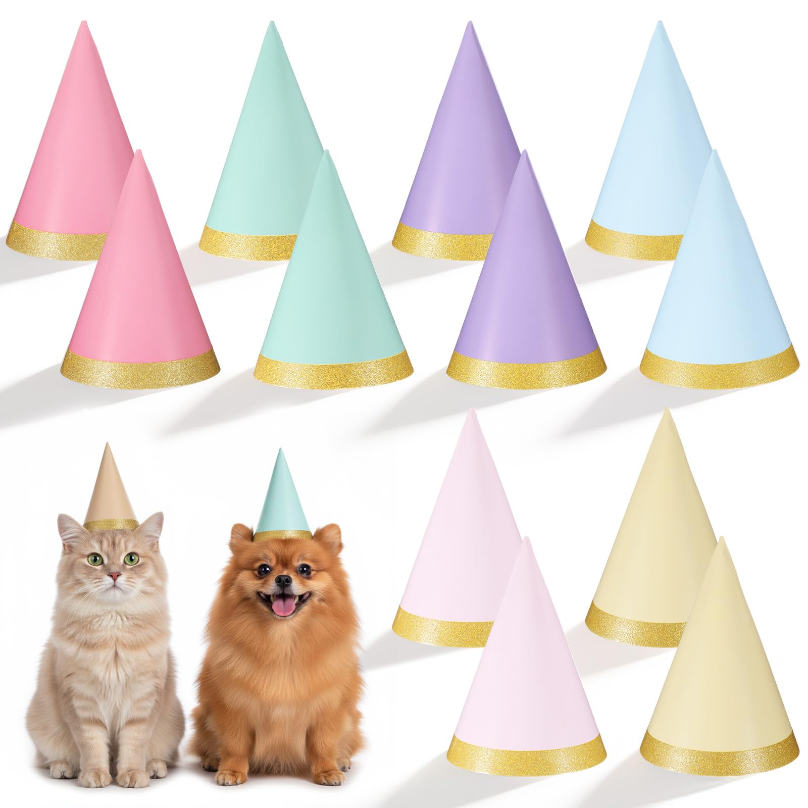 Aysatogc 12PCS Pastel Party Hats, Colorful Cone Birthday Hats Gold-Stamped Kids Party Hat with Elastic Cords Party Headwear for Birthday Wedding Party's Supplies Baby Shower Bridal Celebration