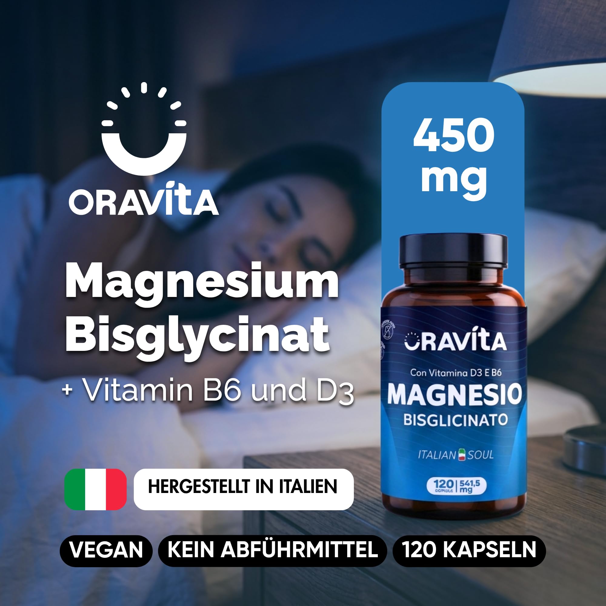 Magnesium Bisglycinat 450mg + Vitamin B6 + Vitamin D3 | 360 Magensaftresistente Vegane Kapseln – 12 Monate Vorrat | Hochdosiert | Made in Italy