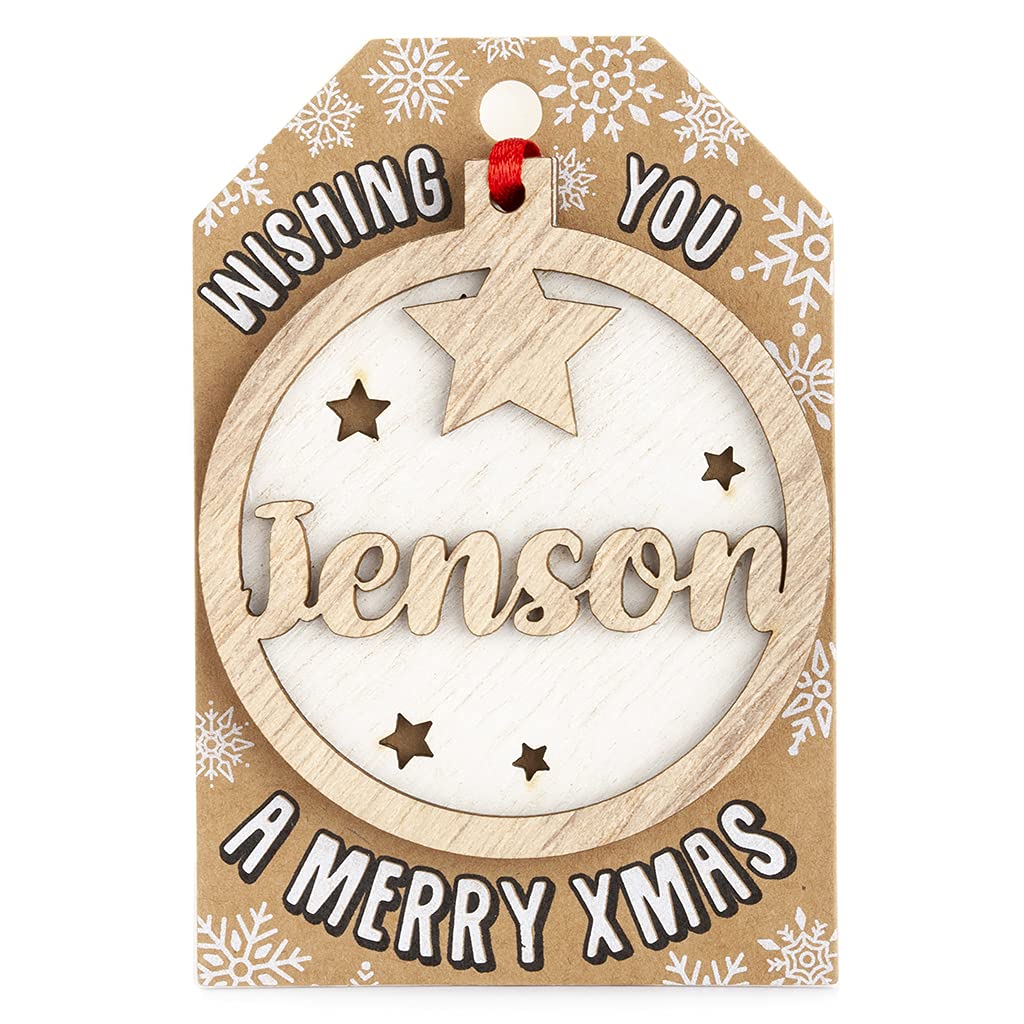 Personalised Wooden Jenson Name White Hanging Christmas Tree Bauble Decoration