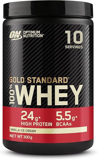 Optimum Nutrition Gold Standard 100% Whey Muscle Building and Recovery Protein Powder with Naturally Occurring Glutamine and BCAA Amino Acids, Vanilla Ice Cream Flavour, 10 Servings, 300g