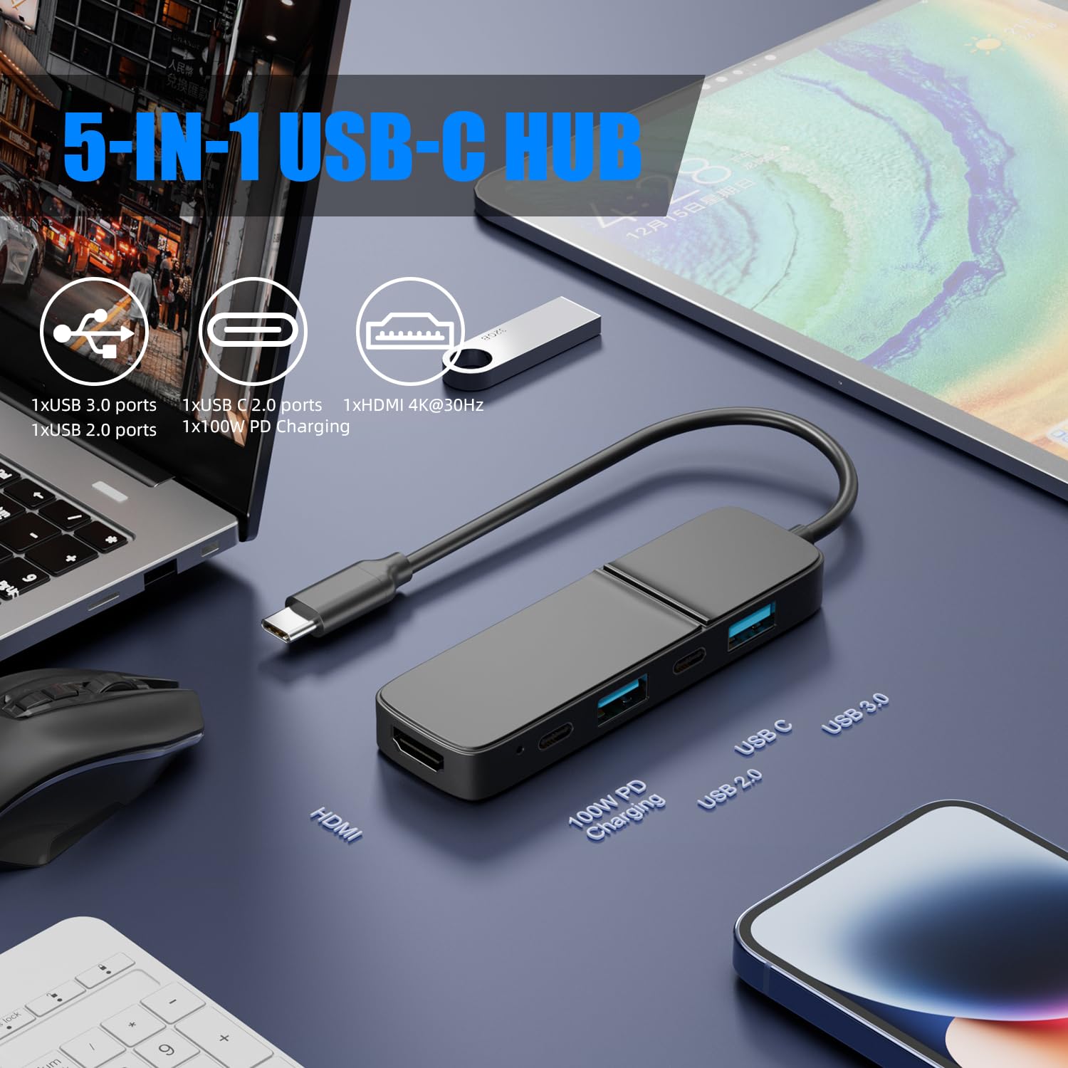 Type C Hub Plugable 5-in-1 USB C Hub Multiport Adapter For MacBook Pro ...