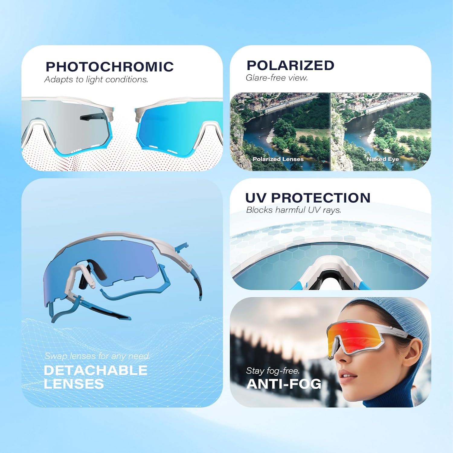Polarized Cycling Glasses with Photochromic Effect, Detachable Sports Sunglasses with Winter Anti-Fog for Men & Women