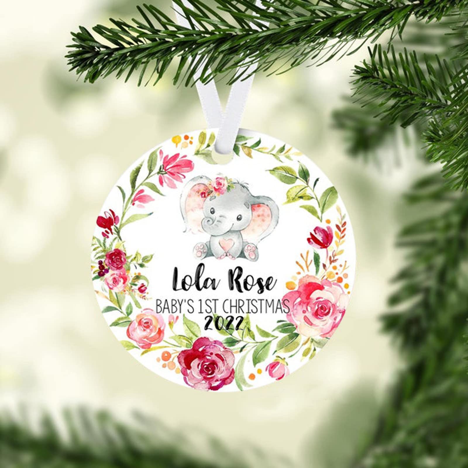 Elephant Baby 1st Christmas Ornament, Personalized Baby First Christmas Ornament, Baby Girl Ornament, Baby Gift, Holiday Baby Ornament, Personalized Ornaments, Gift for Newborn Baby