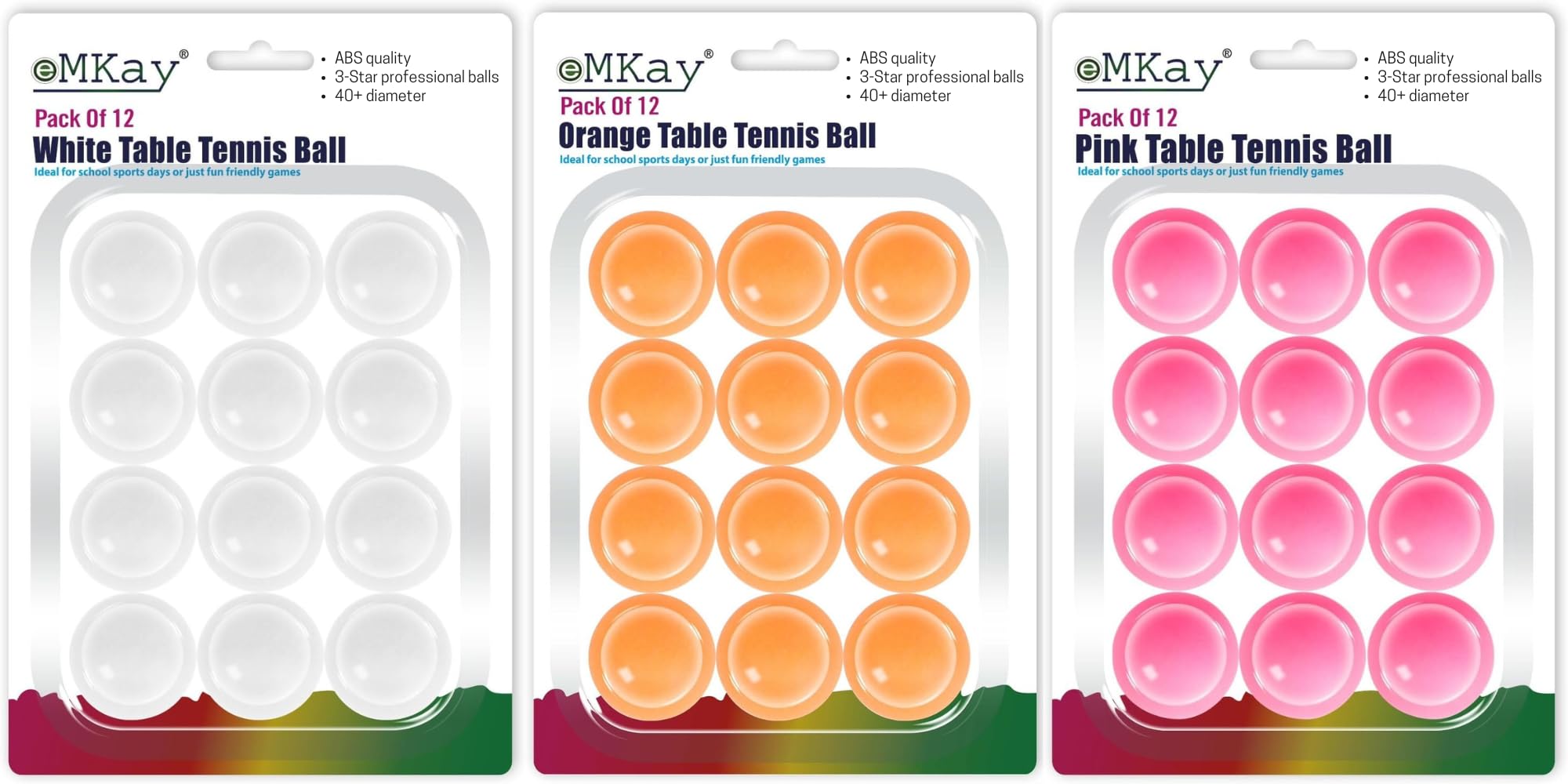 eMKay® Pack of 36 Ping Pong Table Tennis Balls (3-Star 40+ High-Performance ABS Material Training Balls) Ideal for Indoor and Outdoor Table Tennis - WHITE ORANGE PINK