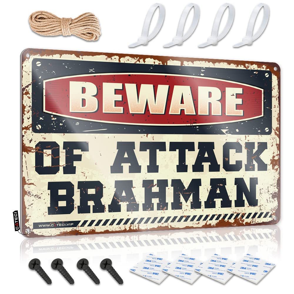 KLIMORA Metal Signs For Man Cave Beware Of Attack Brahman Tin Sign Retro Tin Signs Bar Metal Sign Decor(20X30CM)