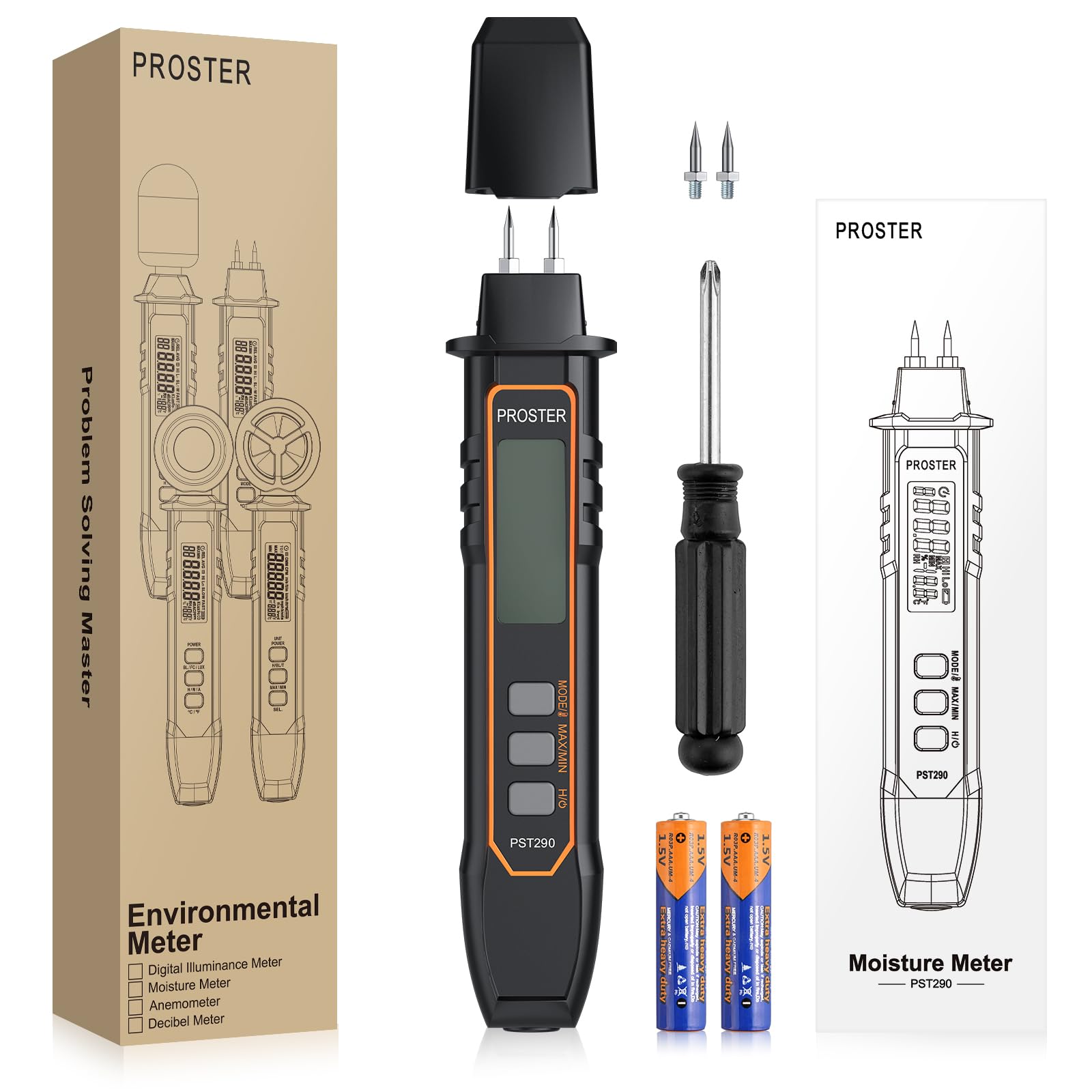 Proster Testeur Humidité Portable - Stylo Humidimètre Haute Précision 2 Modes 7 Échelles Calibration Température Bois Béton Mur