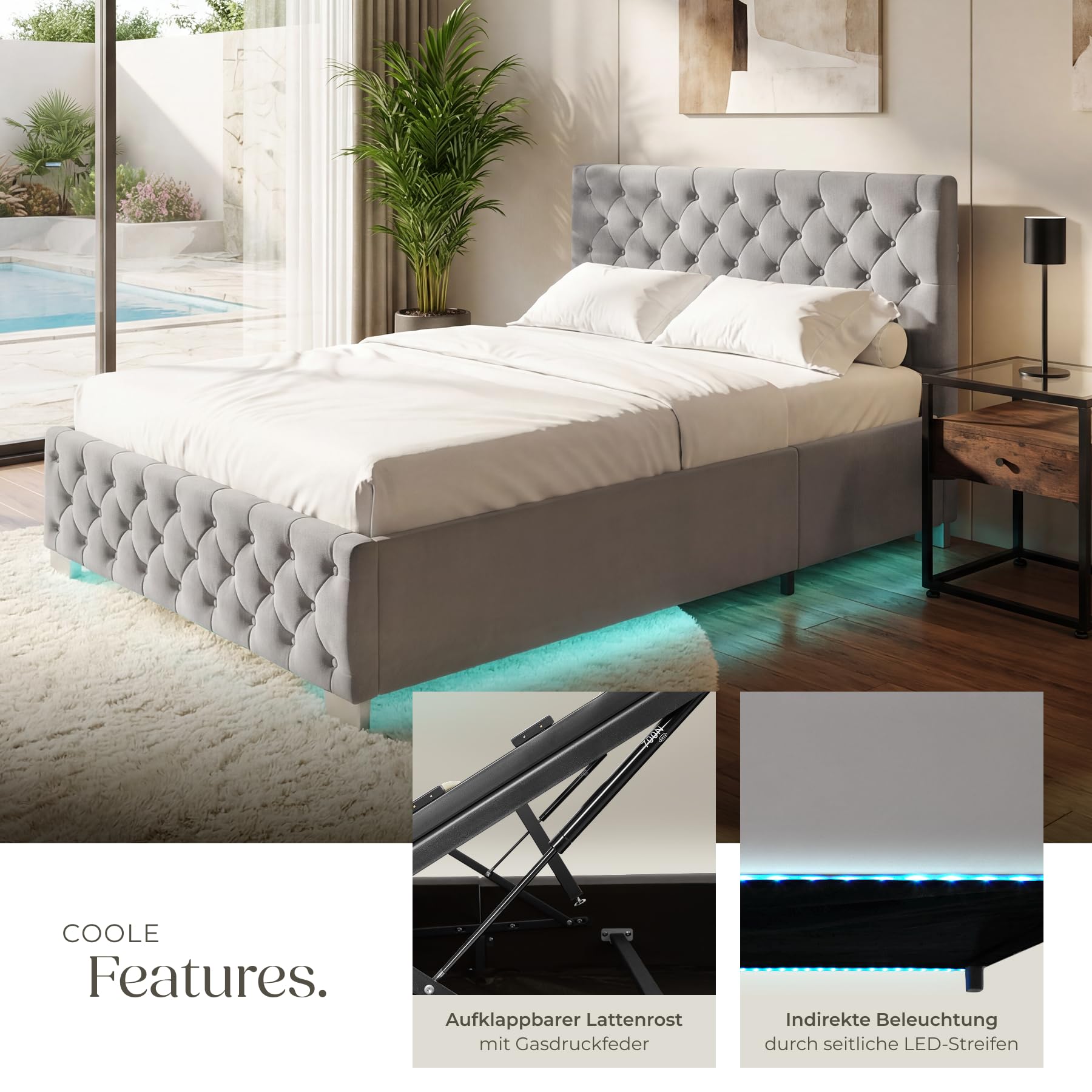 tectake® Polsterbett, 120x200cm, mit LED-Beleuchtung, 200kg Belastbarkeit, Stauraum, Gasdruckfeder, Chesterfield Samtbezug, Bettgestell, Lattenrost, Schlafzimmermöbel, Bettkasten - dunkelgrau