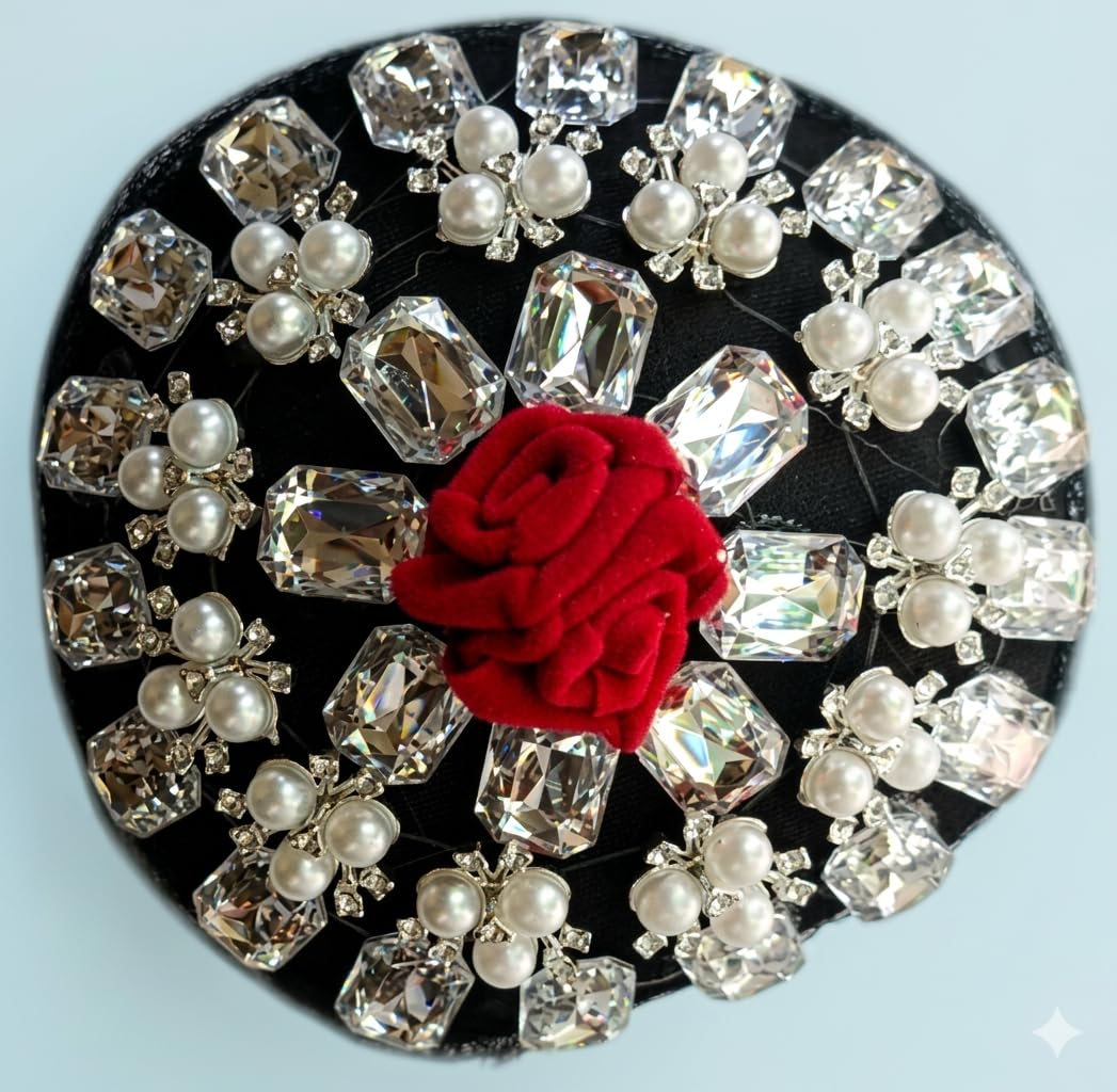 Congo Decorative Brooch Pin with Crystal Rhinestones, Faux Pearls, and Red Rose Floral Centre, Black Round Apparel Pin 1 Pcs (C-10072)-image-5