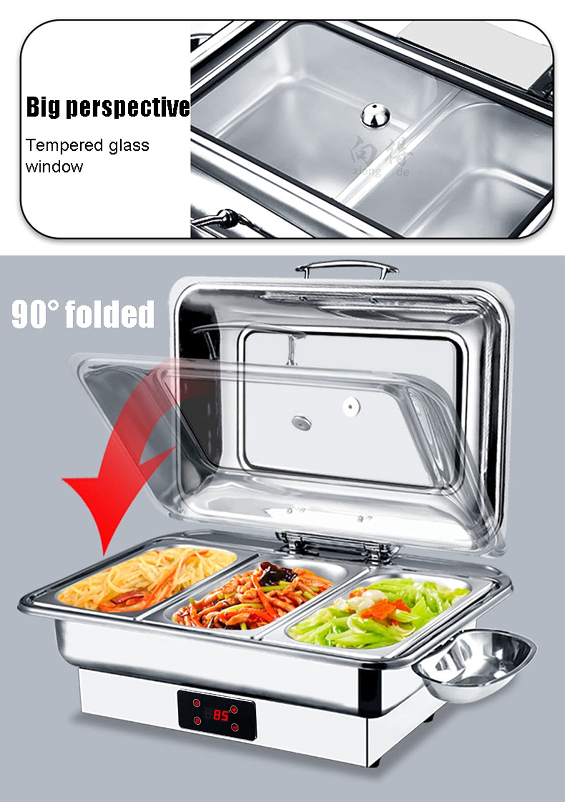 Chauffe-aliments électrique 9 L avec couvercle visuel, température réglable de 30 ℃ à 90 ℃, plateau en acier inoxydable et céramique pour la restauration et les événements