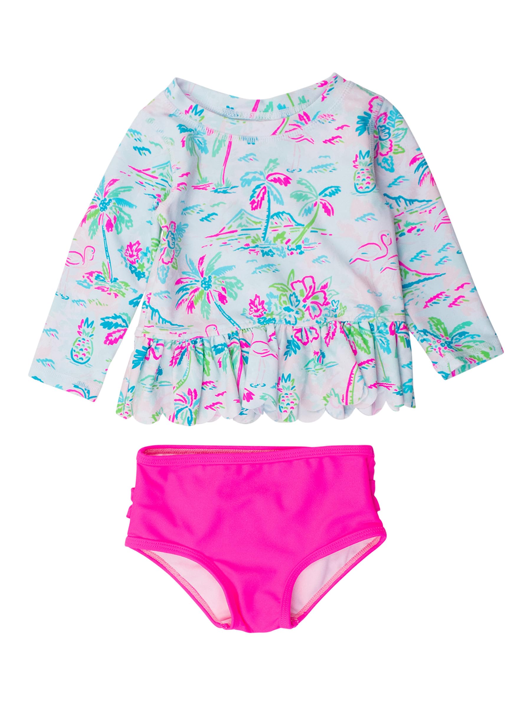RuffleButts Girls Scalloped Long Sleeve - 2-Piece Rash Guard Swim UPF 50+