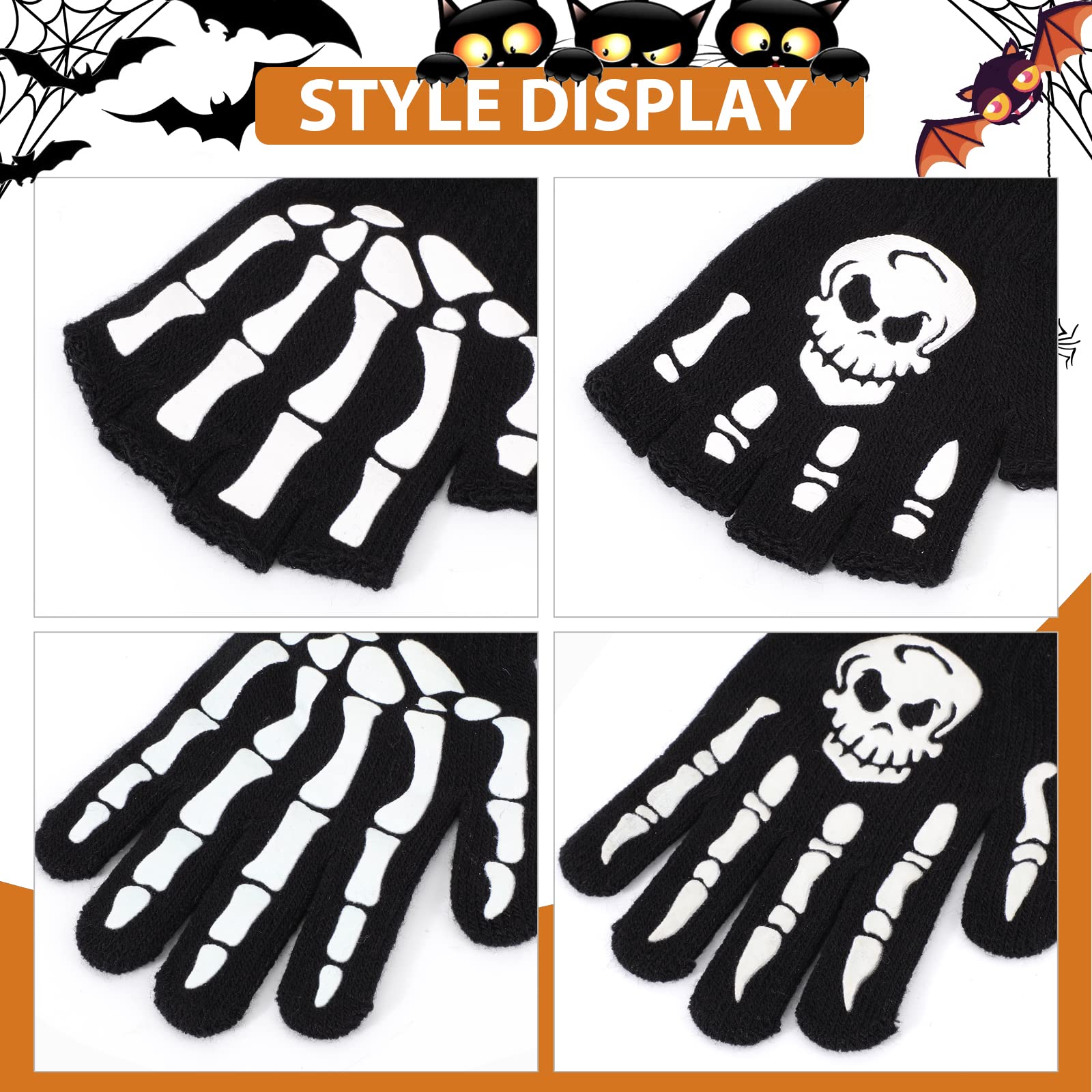 TAGVO Guantes Mágicos de Invierno para Niños 4 Pares, Guantes Calientes Esqueleto, Luminoso Manoplas de Dedo Completo Elásticas para Niños Niñas, 5-14 Años para Uso en Invierno Halloween