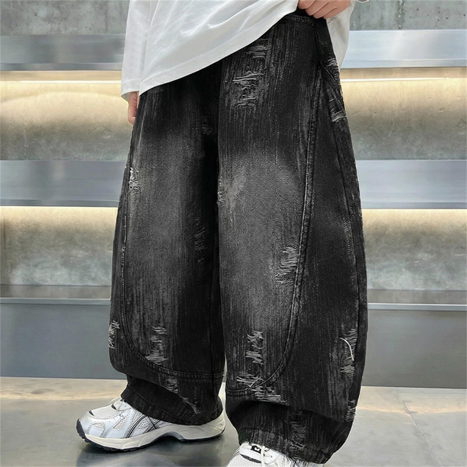 Generico Pantalone Jeans Largo Bambino Elastica in Vita Comoda Elegante Pantaloni Ragazzi Estivi Casual Scuola Outdoor Streetwear Palestra Sportivi Sweatpants