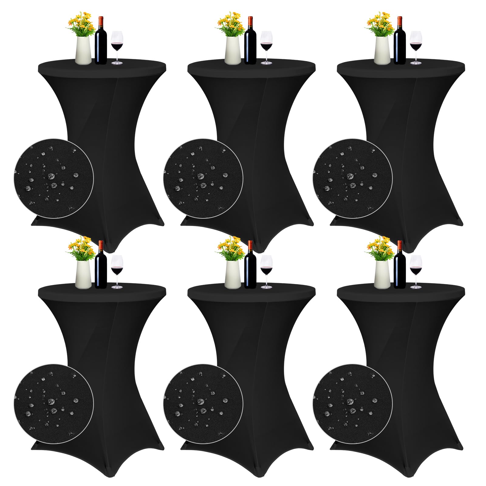 Paquete de 6 manteles elásticos de elastano con esquinas cuadradas de 80 x 110 cm, color negro, ajustables para mesa alta, resistentes al agua, para bar, boda, cóctel, fiesta, banquete (color negro)