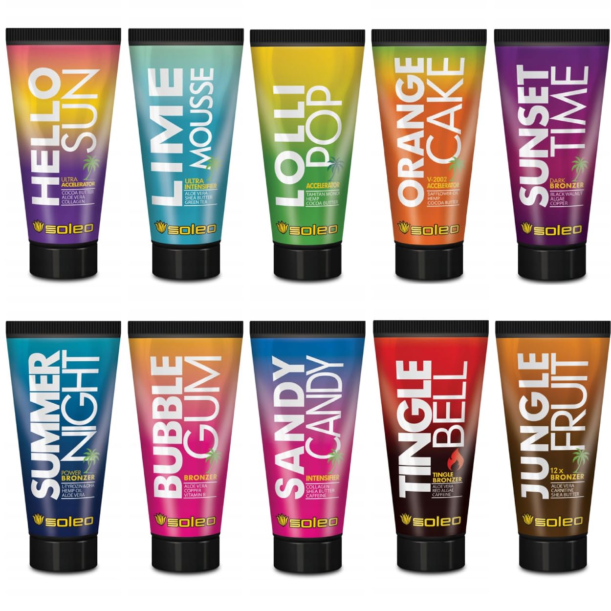 Kit cosmetico abbronzante 10 x 150 ml Acceleratore abbronzante e bronzer per solarium e sole, diverse formule con effetto tingle, balsamo nutriente e abbronzante intenso
