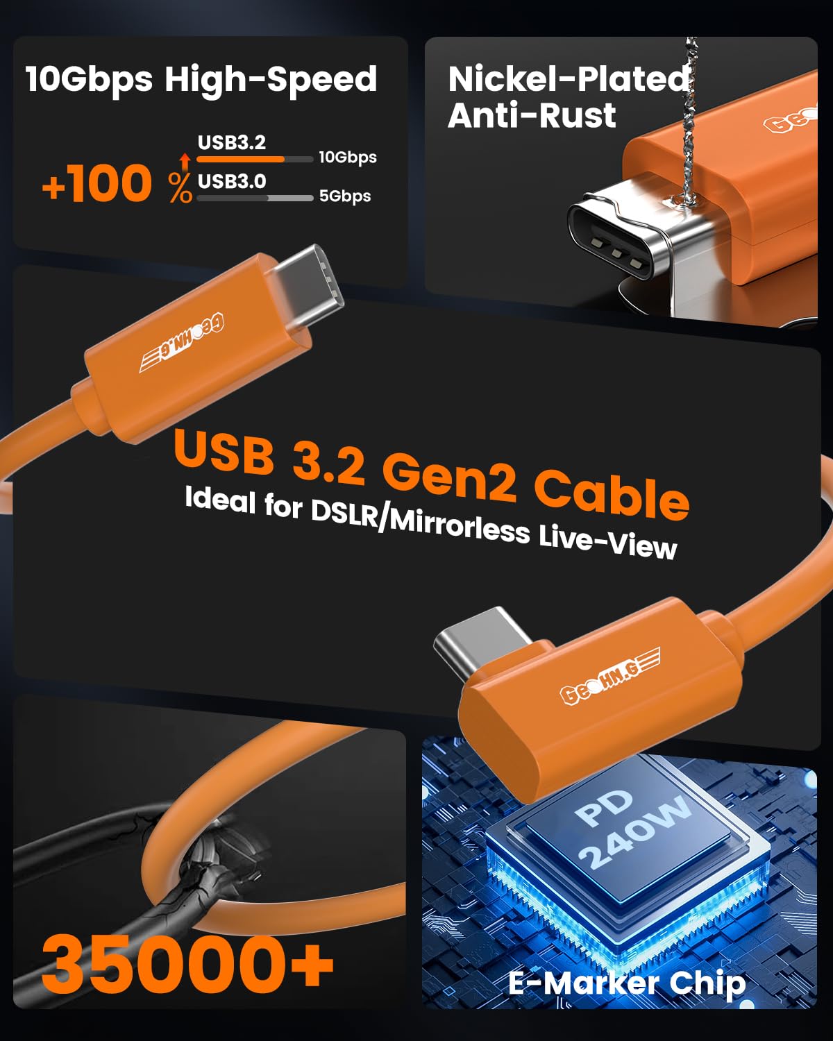 Cable de conexión USB C de fibra óptica de 15 pies, ángulo recto, transmisión de datos bidireccional de 10 Gbps, cable VR con PD 60 W, cable de enlace USB 3.2 GEN 2 para VR/cámara/computadora/Sony
