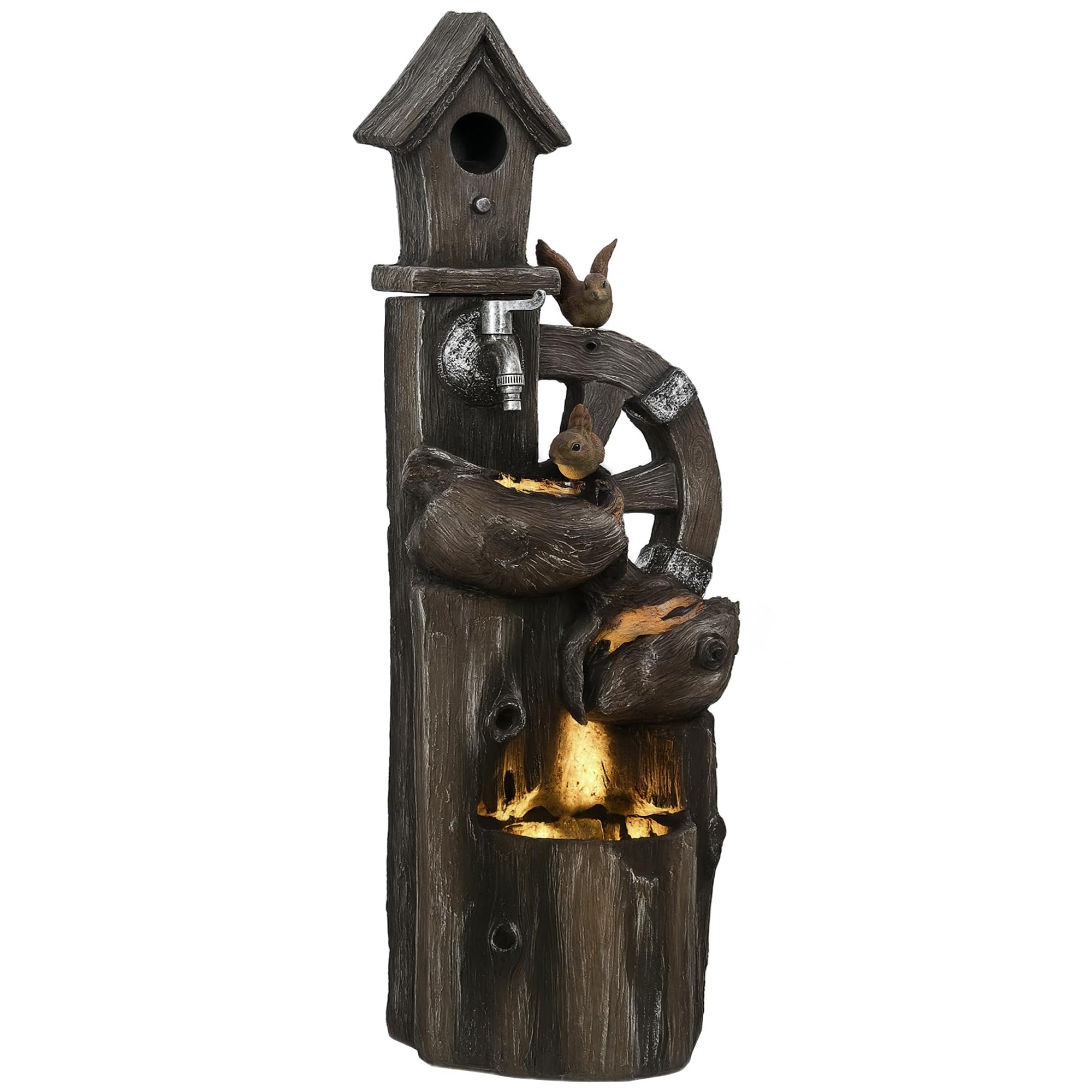 Outsunny Fuente de Agua 2 en 1 con Casita para Pájaros Fuente de Jardín con Iluminación LED Fuente Decorativa en Cascada de 4 Niveles para Jardín Patio Terraza 34,​5x29,​5x92 cm Multicolor