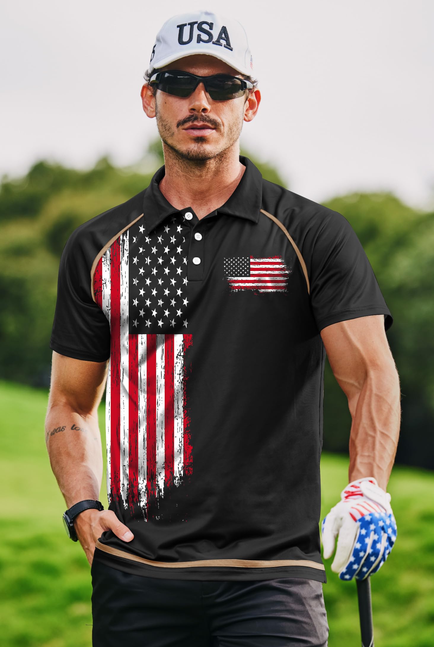 Mainfini Men's American Polo Shirt Distressed Independence Day Golf Shirts 4th of July 1776 Merica Stripes Stars Wicking Polo Black XL