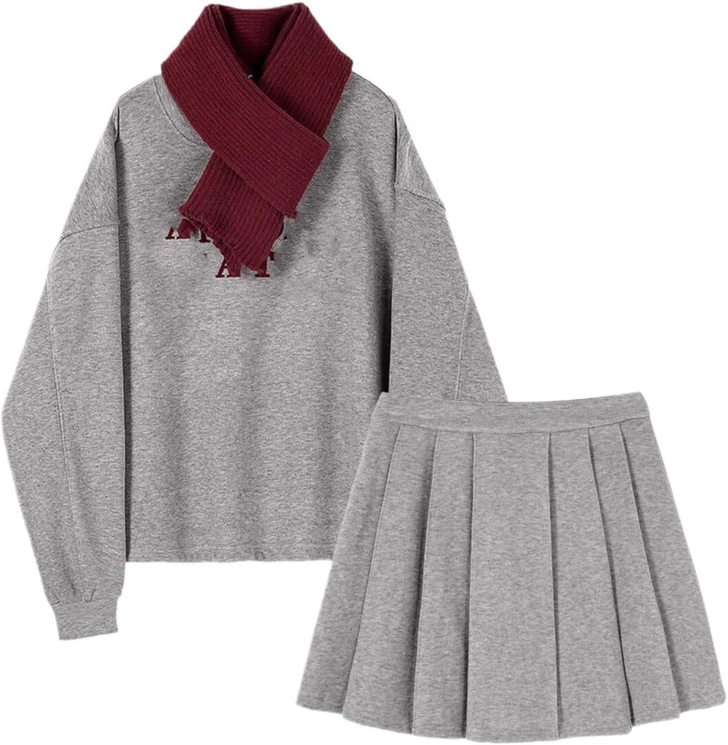 Printed Long Sleeve Sweatshirt Pleated Short Skirt Women Winter Casual Two Piece Set