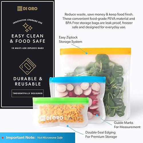 Miniatura 3 de DI ORO Bolsas reutilizables para almacenamiento de alimentos, bolsas para sándwich aptas para congelador, bolsas con cierre hermético para
