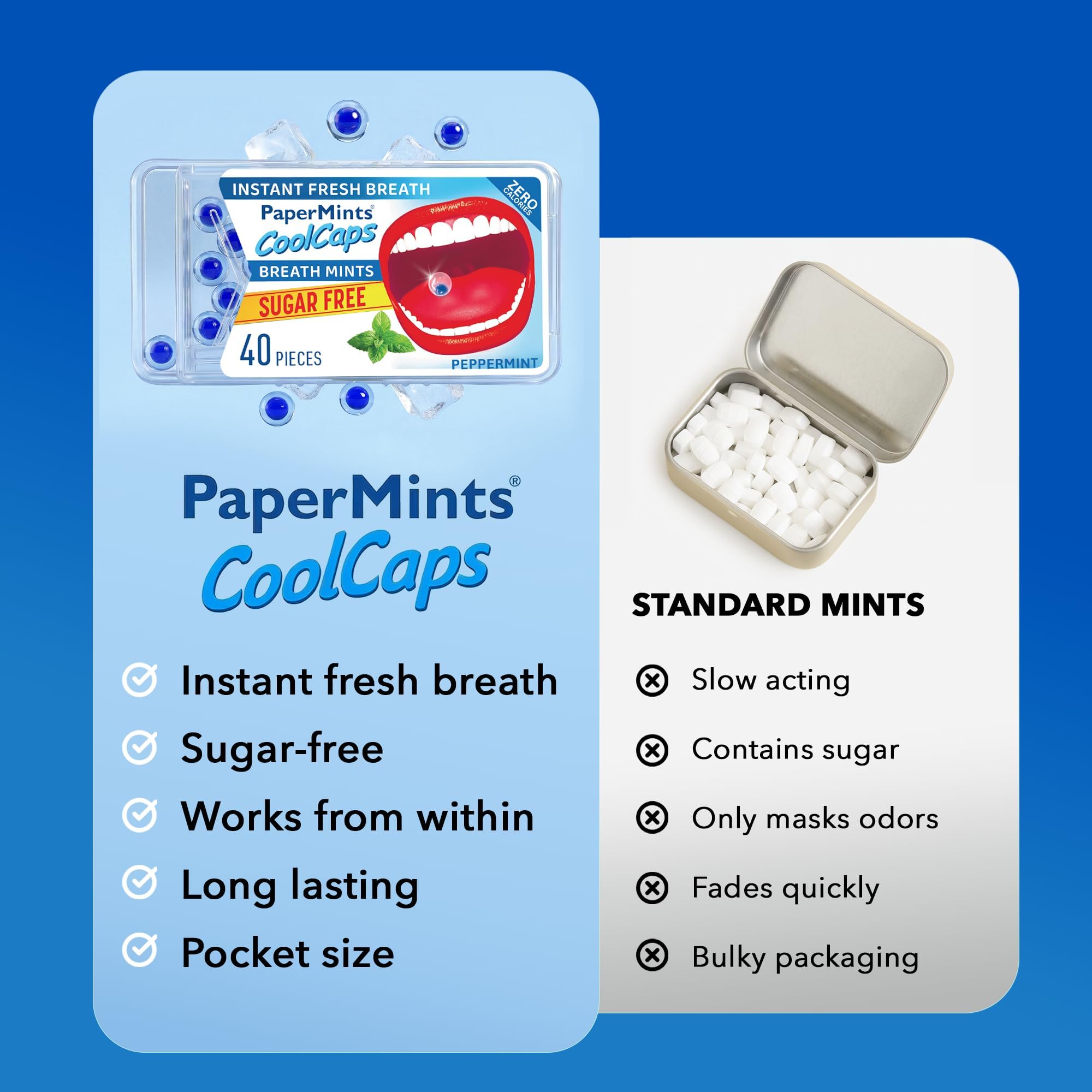 Papermints CoolCaps - Caja de mentas frescas instantáneas para el aliento, paquete de 40 x 4, ambientador y tratamiento para el mal aliento para adultos, tratamiento de halitosis, limpia y refresca tu