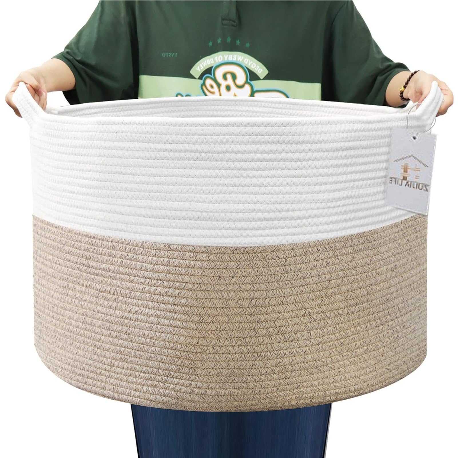 U-HOOME Large Rope Storage Basket with Handles,88L Baby Cat Dog Toy Storage Basket,Woven Laundry Basket for Blankets Toy,Dirty Clothes,Pillows,Decorative Organizer for Living Room,Bathroom (Beige)