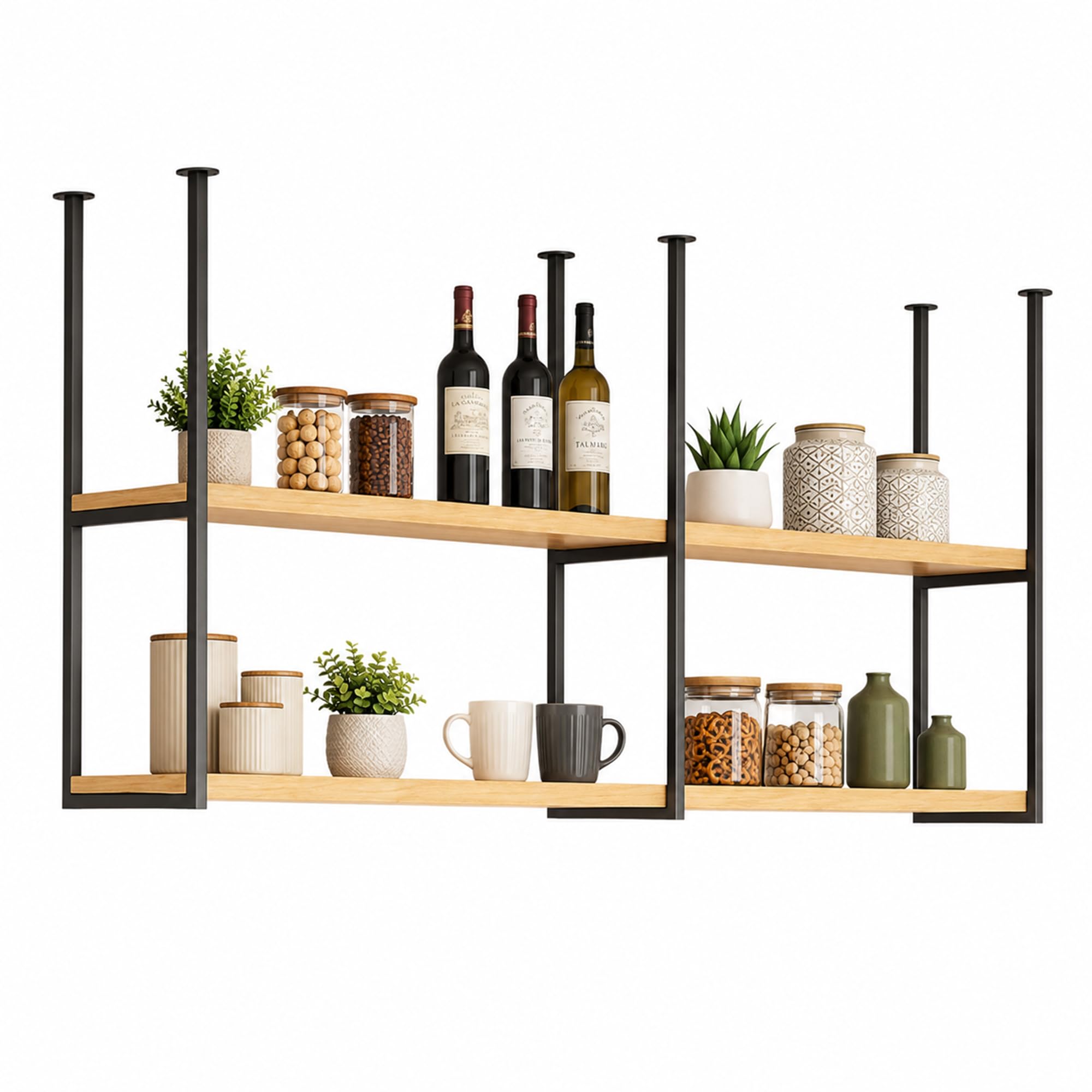 JSWHYBD Mensola da Soffitto Sospesa, 1/2 Ripiani, Legno e Metallo