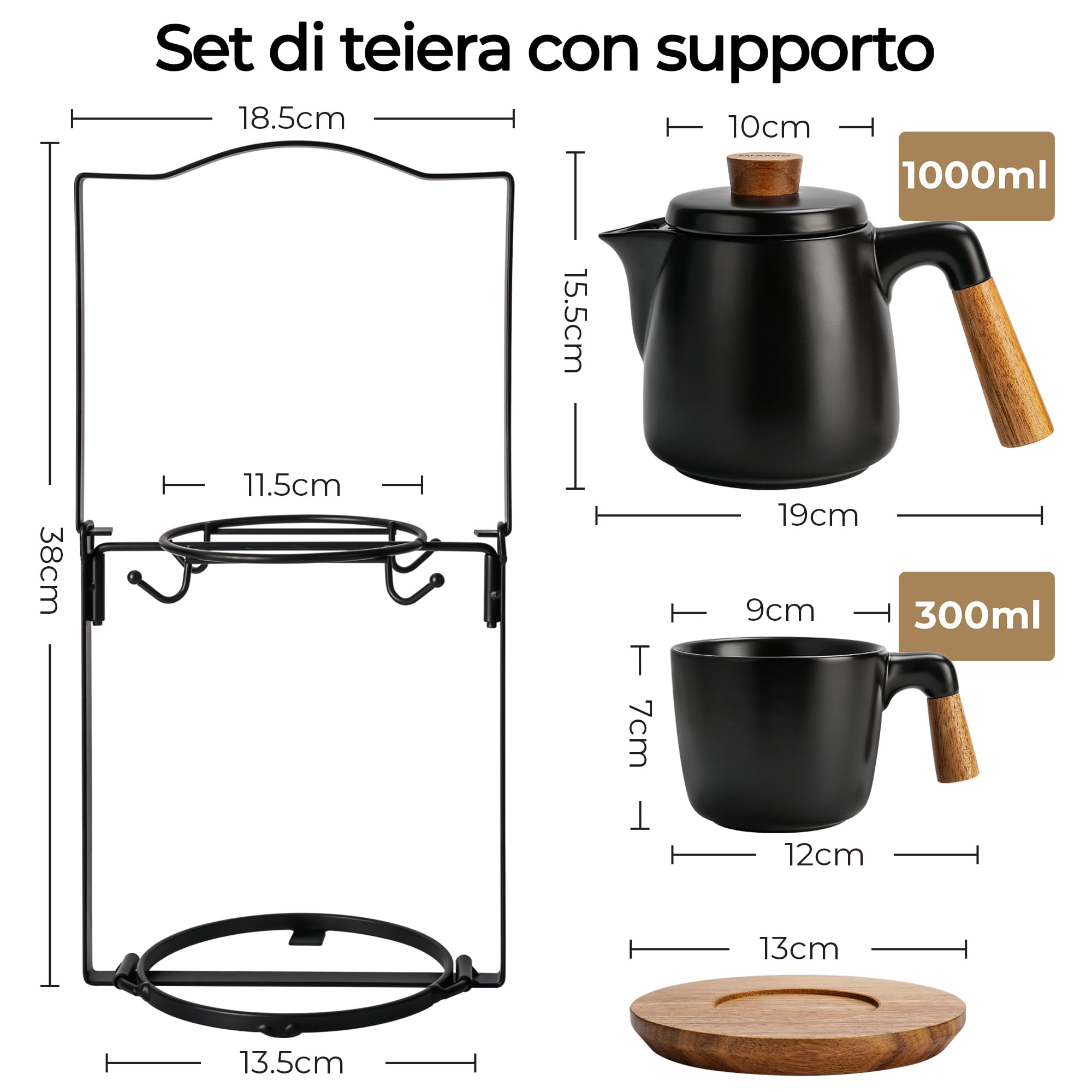 MIAMIO - Set di teiere in ceramica da 1000 ml con infusore e tazze/colino per il tè, 4 tazze da tè in ceramica (300 ml), piattini in bambù/manico con supporto per casa e ufficio