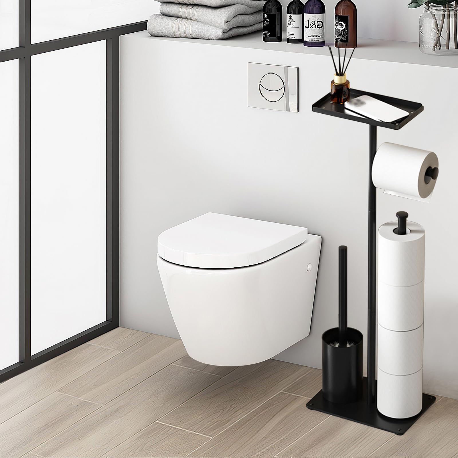LYGSWDB Mattschwarzer Stand-Toilettenpapierhalter und Bürstenset – stilvoller Halter mit Ablage für Toilettenpapier-Reinigungstücher und Bürste – Perfekter Badezimmer-Nizer