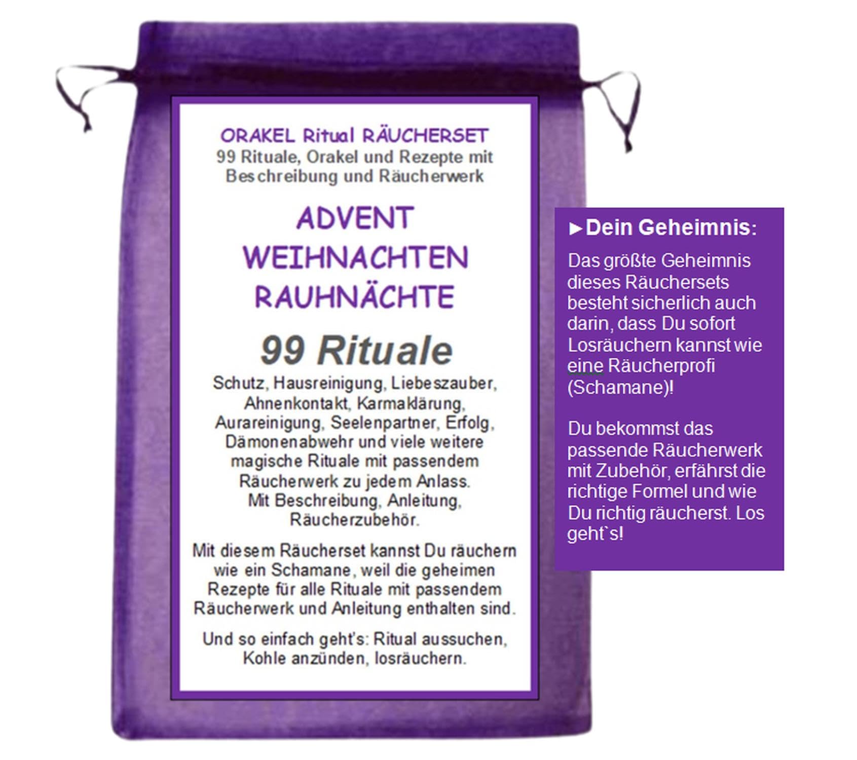 RAUHNÄCHTE räuchern 20-TLG Räucherset 99 Rauhnacht Rituale 12x Räucherwerk für Hausreinigung ORAKEL Schutz Advent Weihnachten... Mit RÄUCHERSCHALE Zange Kohle 8X ZUBEHÖR Täschchen 81900-24SZ