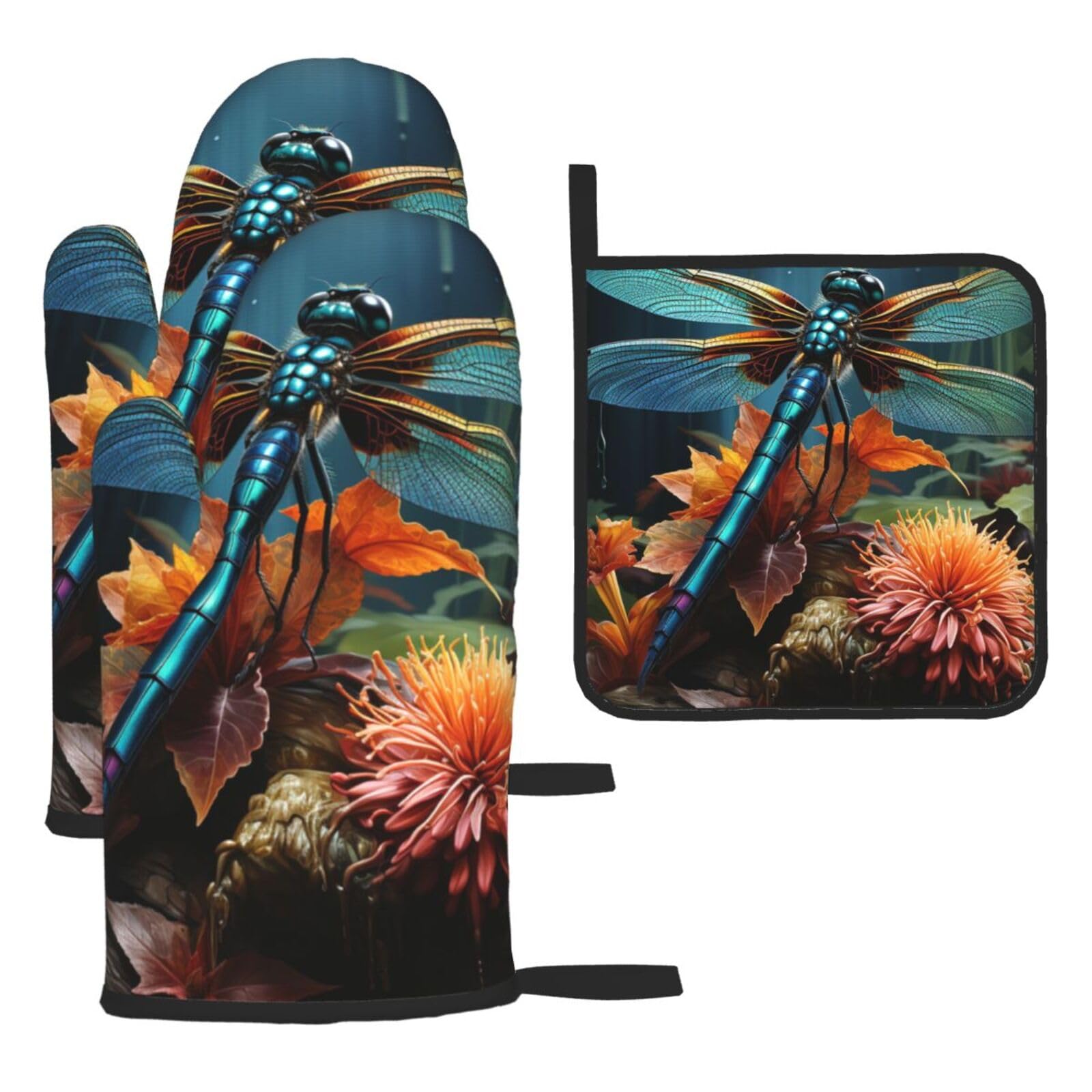 Oven Mitts and Pot Holders Sets of 3 Dragonfly painting Oven Mitts 3 Pcs Heat Resistant Non Slip Ovens Gloves Hot Pads Kitchen Gloves Potholders for Baking Cooking BBQ Grilling