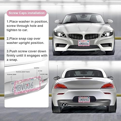 Vista 83 de Paquete de 2 marcos de matrícula brillantes para mujer, accesorios de automóvil con diamantes de imitación brillantes con tapas de cristal con Blanco