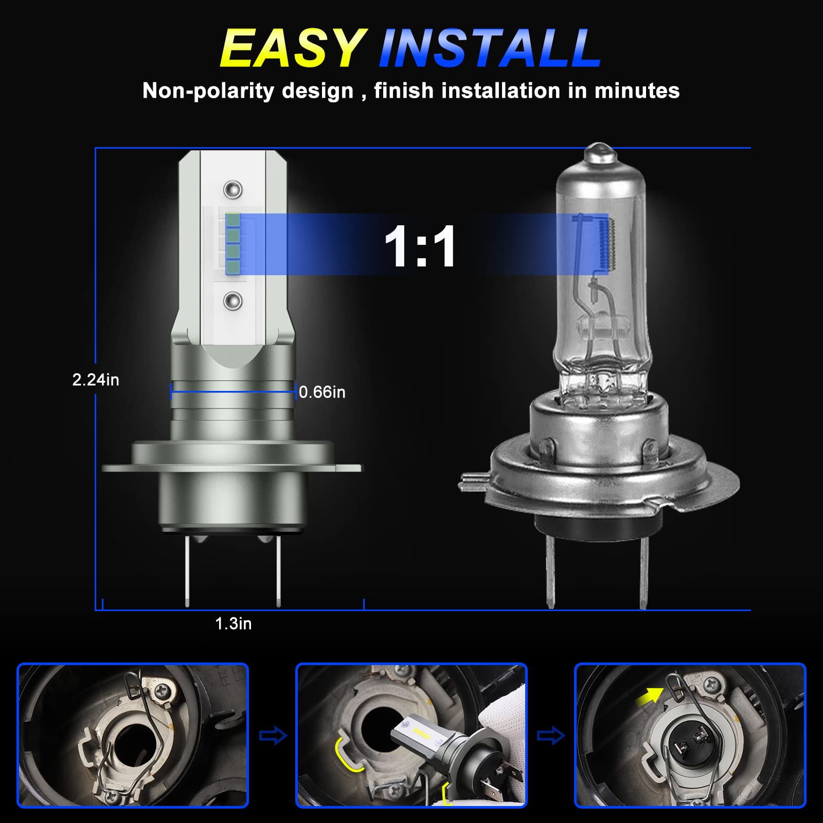 Sycreek Bombilla H1+H7 LED Coche,22000LM H1+H7 Faros Delanteros Bombillas para Moto,IP68 Impermeable Faros Reemplazo de Halógena y Kit Xenón,Xenon Blanco 6500K 12V,4 Lámparas
