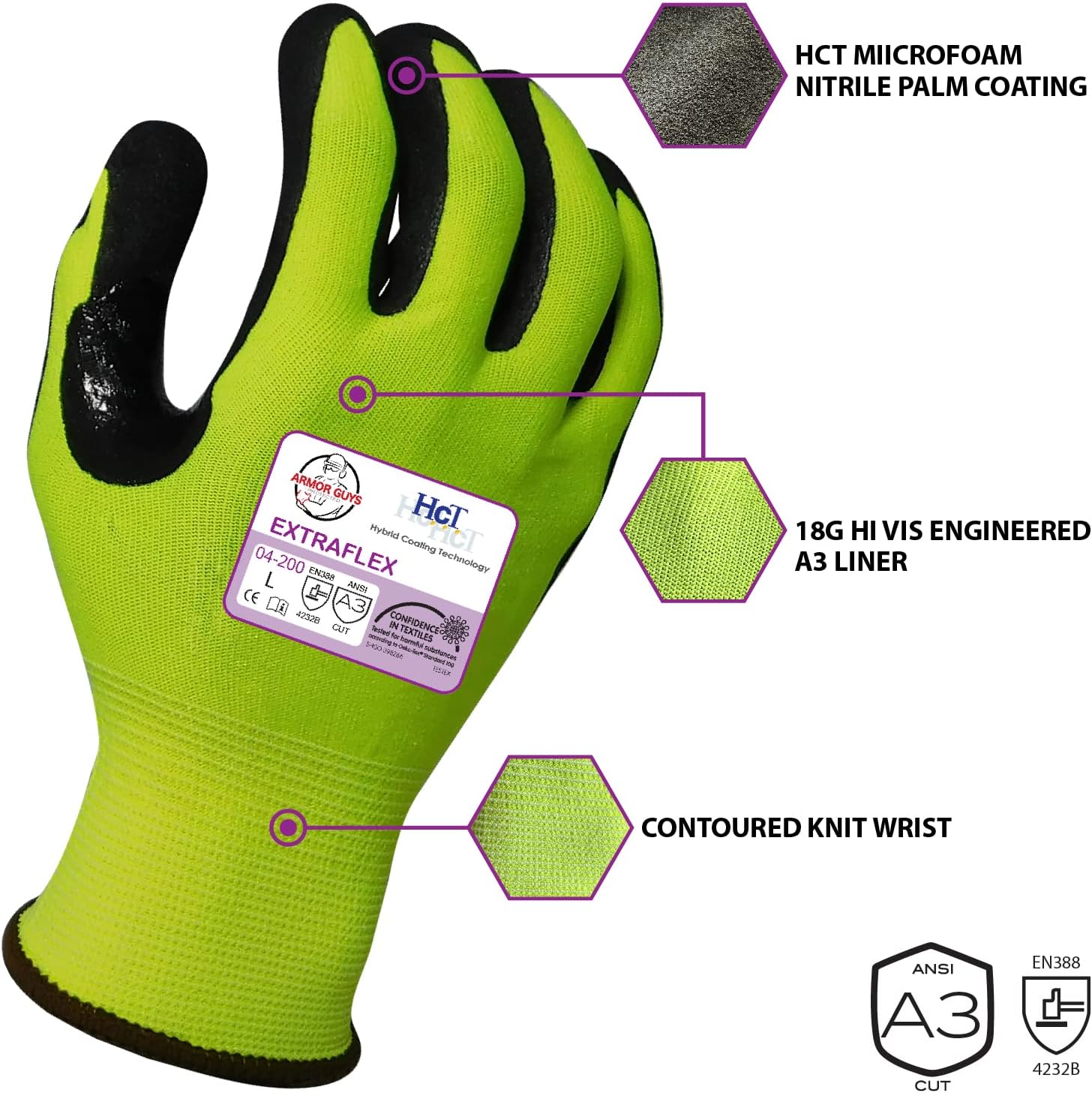 Armor Guys Extraflex Protective Work Gloves - Abrasion Resistant For Women and Men with MicroFoam Nitrile Palm Coating ANSI 3 Size L, 3 Pairs