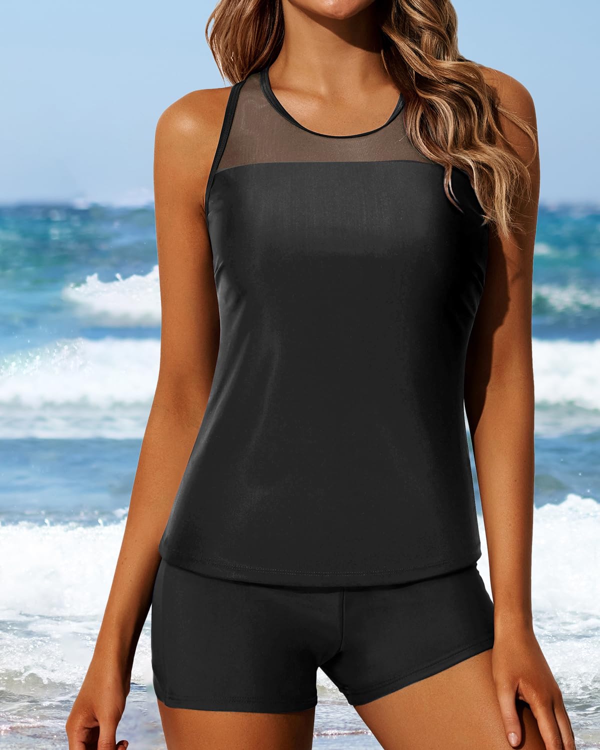 Yonique Tankini Swimsuits for Women with Shorts Athletic Two Piece Bathing Suits Racerback Tank Tops Swimwear Black M