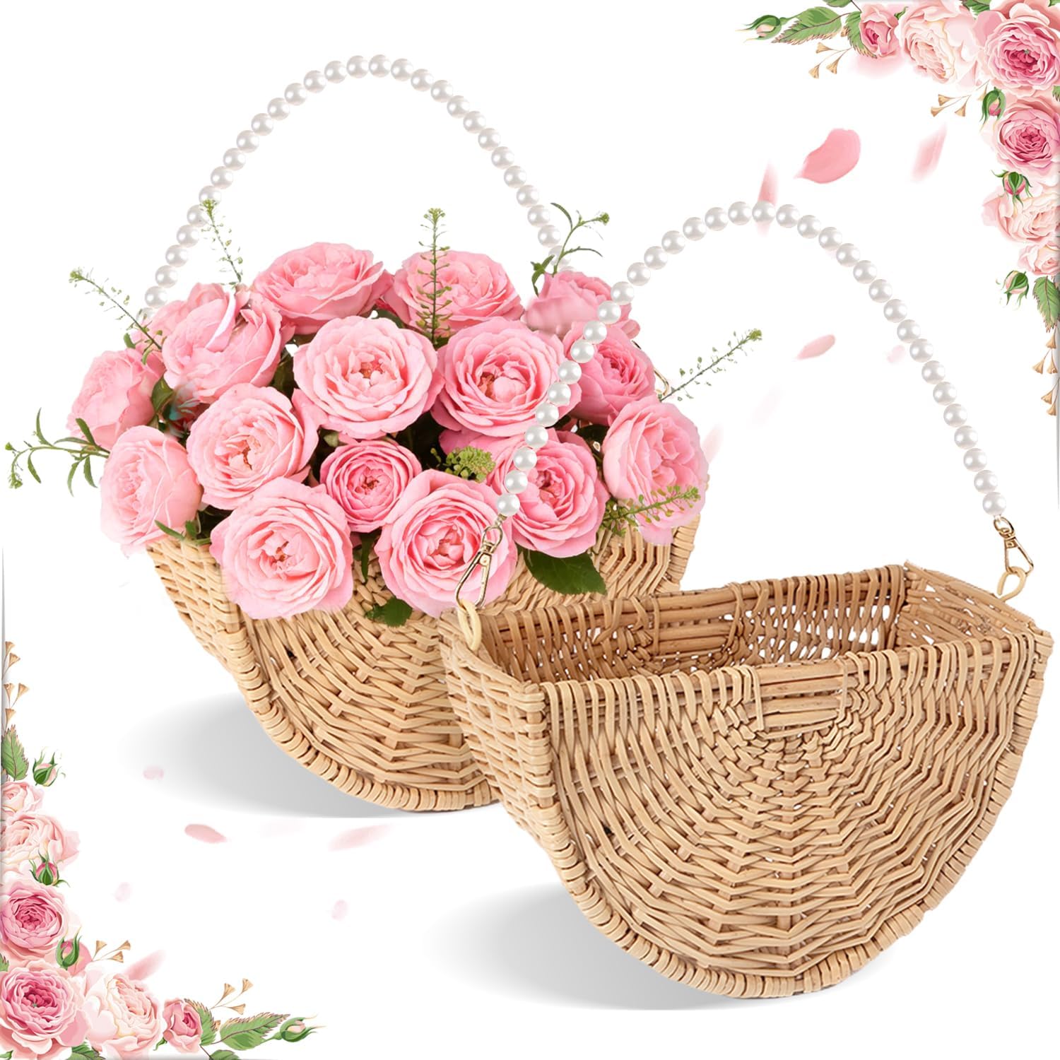 2 Pcs Flower Girl Baskets Half Moon Wicker Rattan Flower Girl Basket Wedding Flower Girl Basket with Pearl Handle for Wedding, Picnics, Garden Storage, Home Decorations