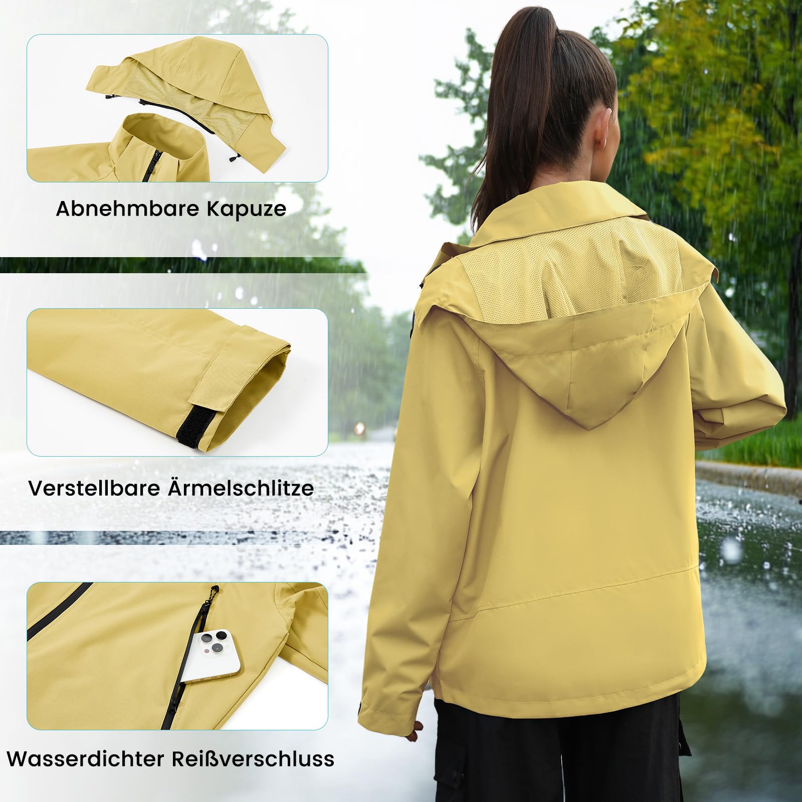 PONCEAU Damen Wasserdicht Regenjacke Leichte Wasserdicht Outdoorjacke Atmungsaktiv & Winddicht, Verstellbare Kapuze & Ärmelbündchen zum Wandern Reisen Treking Fahrrad