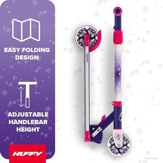 Huffy Light Up Inline Scooter for Kids, 2 Wheel Kick Scooter with LED Lights and Rear Brake, Foldable, Adjustable Handlebar on Select Models, Durable Frame, Licensed Character Graphics