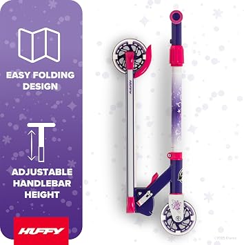 Huffy Light Up Inline Scooter for Kids, 2 Wheel Kick Scooter with LED Lights and Rear Brake, Foldable, Adjustable Handlebar on Select Models, Durable Frame, Licensed Character Graphics
