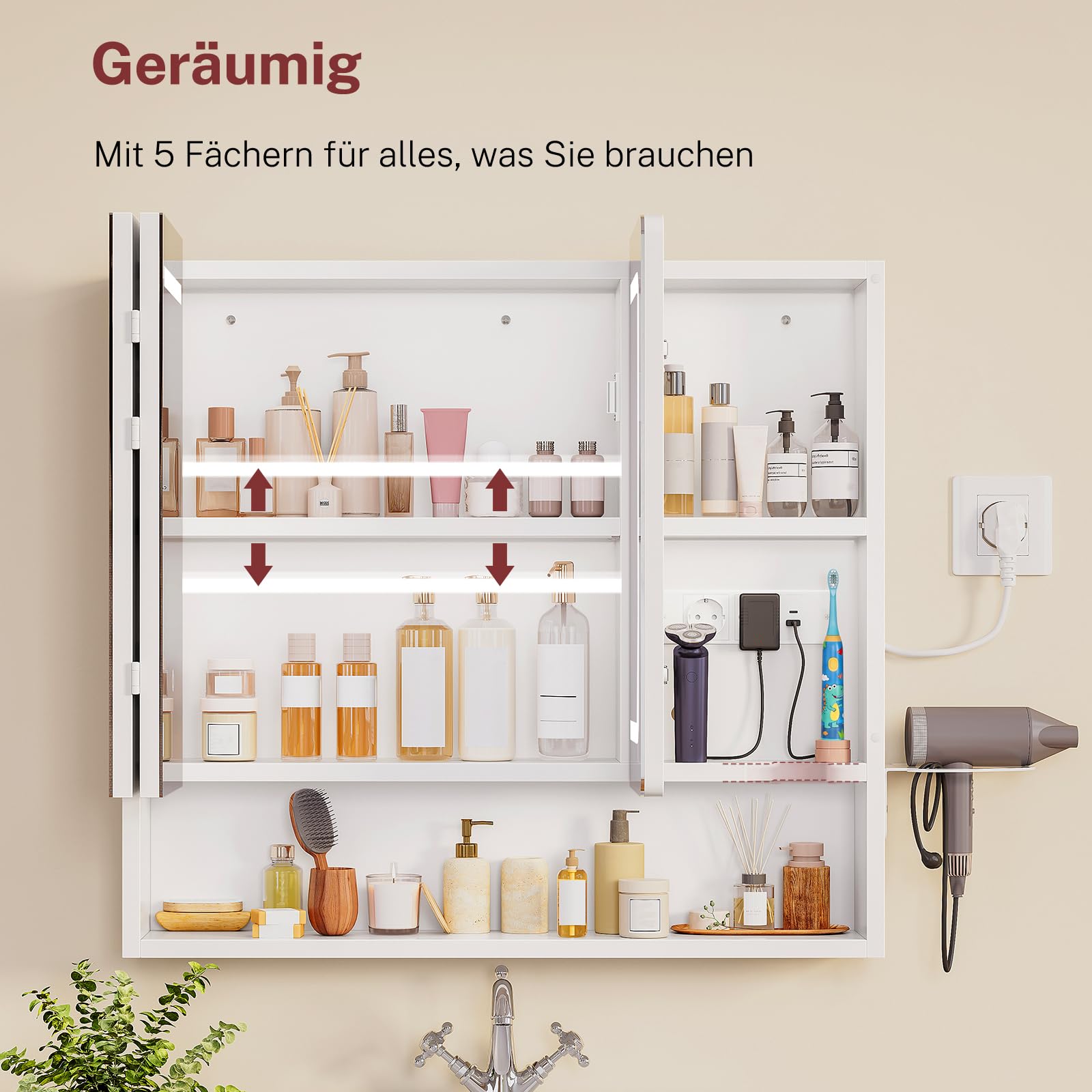 TEENFON Spiegelschrank Bad mit Beleuchtung LED, Badezimmer Spiegelschrank mit Klappspiegel und Steckdose, 3-Fach Farbtemperatur dimmbar, Haartrockner-Halter, verstellbare Ablagen, 70x15x65cm