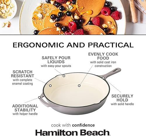 Miniatura 5 de Hamilton Beach Sartén de hierro fundido esmaltado de 12 pulgadas, color azul marino, revestimiento de esmalte crema, sartén para estufa y horno,