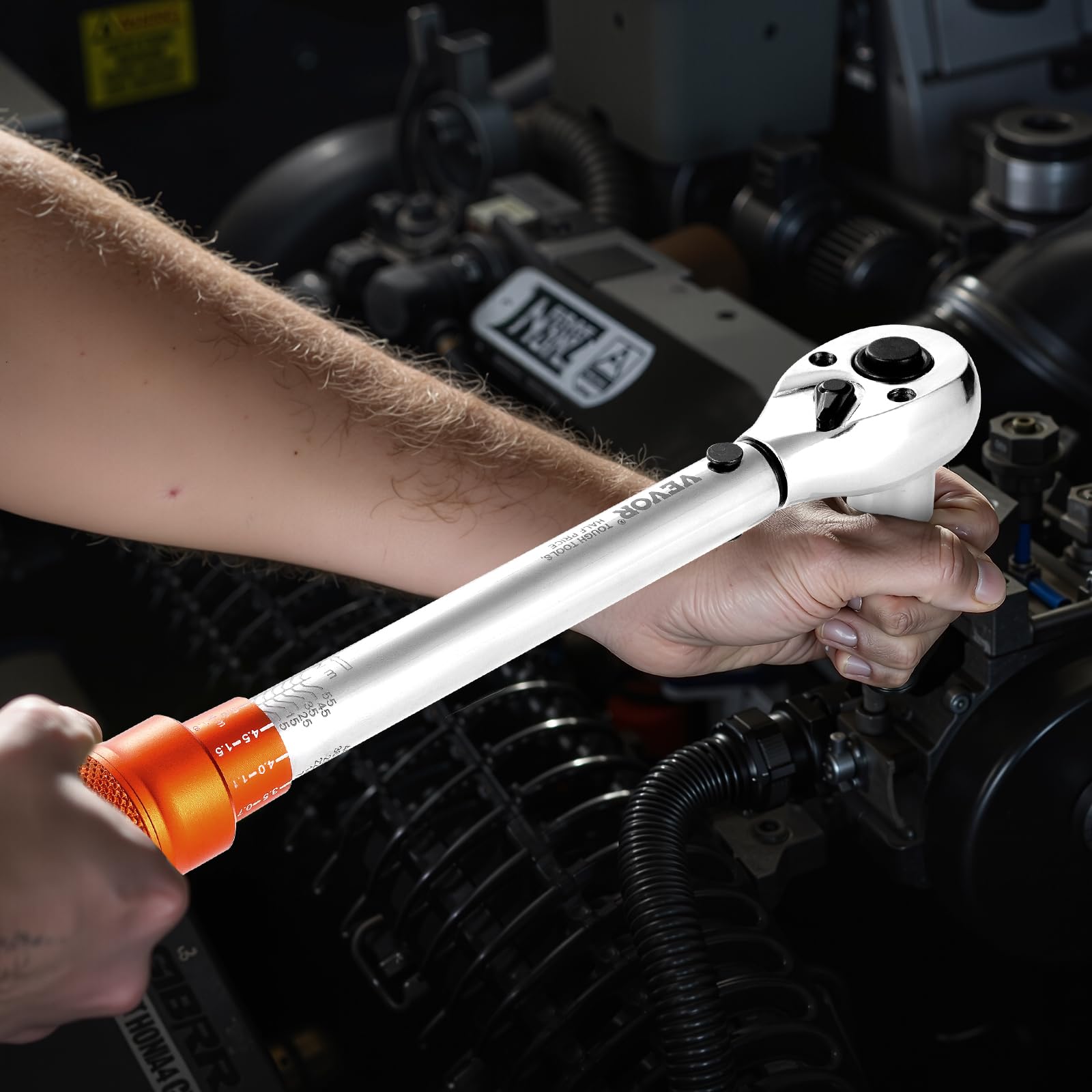 VEVOR Juego de Llaves Dinamométricas de Clic Accionamiento de 3/8" 5-60 Nm Bidireccional 72 Dientes con Vasos, Puntas, Barra de Extensión, Vasos para Bujías y Adaptador ±3% de Precisión Naranja