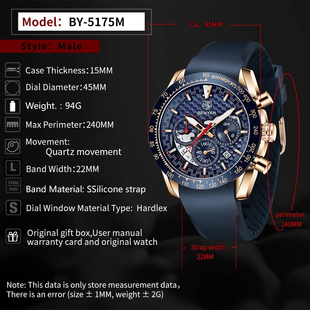 BENYAR BY Orologio Uomo Casual Cronografo da Uomo Movimento al Quarzo Cinturino in pelle Moda Sportivo 30M impermeabile Elegante Regalo per Uomo